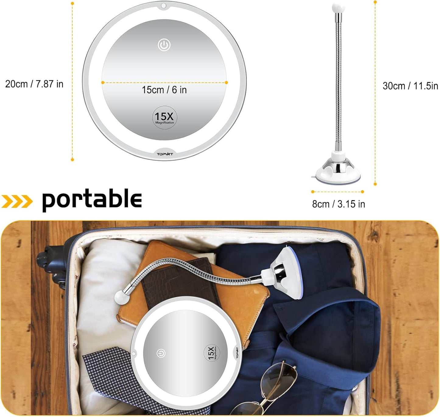 15X Magnifying Suction Mirror - Dimmable LED Vanity Mirror with Power Suction Cup | Portable for Home Bathroom (Large)