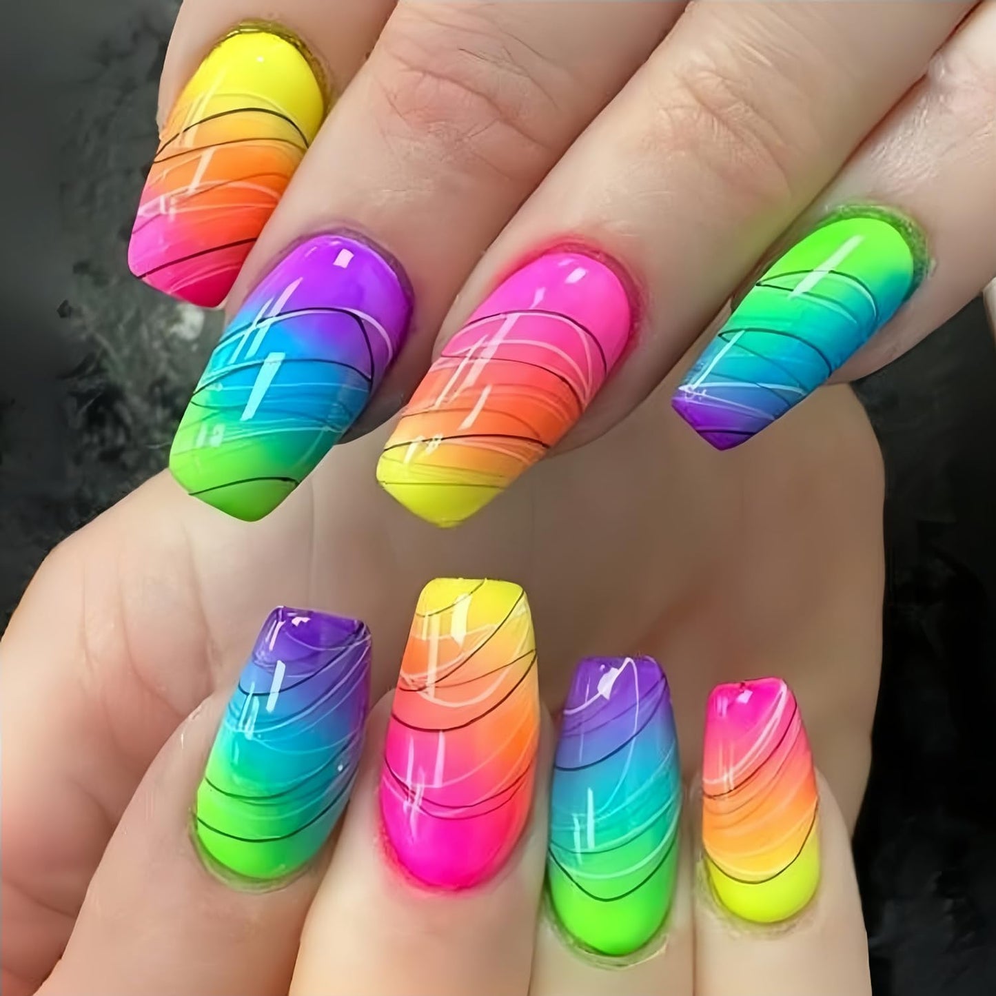 Colorful Gradient Press-On Nails | Medium Coffin Shaped Acrylic Nail Art - 24 Pcs with Rainbow Designs