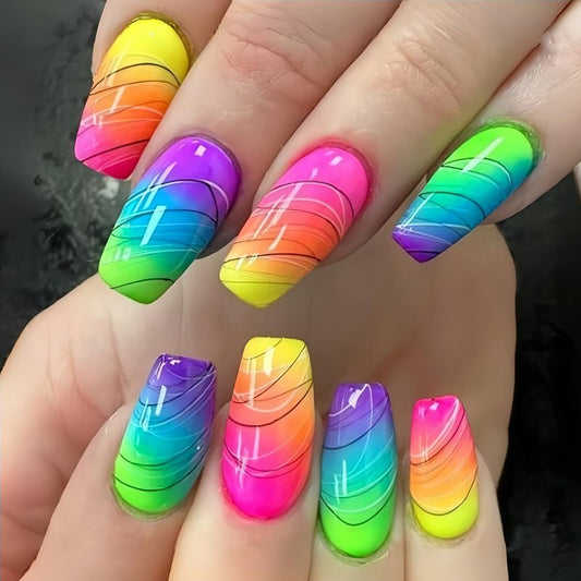 Colorful Gradient Press-On Nails | Medium Coffin Shaped Acrylic Nail Art - 24 Pcs with Rainbow Designs