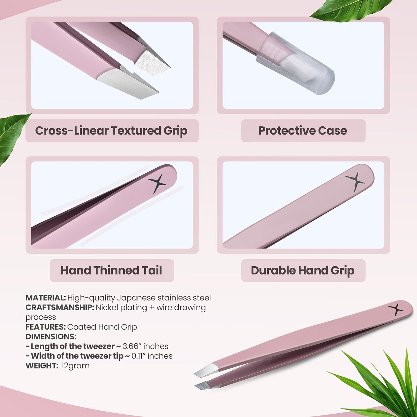 Precision Slant Tip Tweezers - Stainless Steel Eyebrow Plucking Tool for Men & Women | Rose Quartz Finish