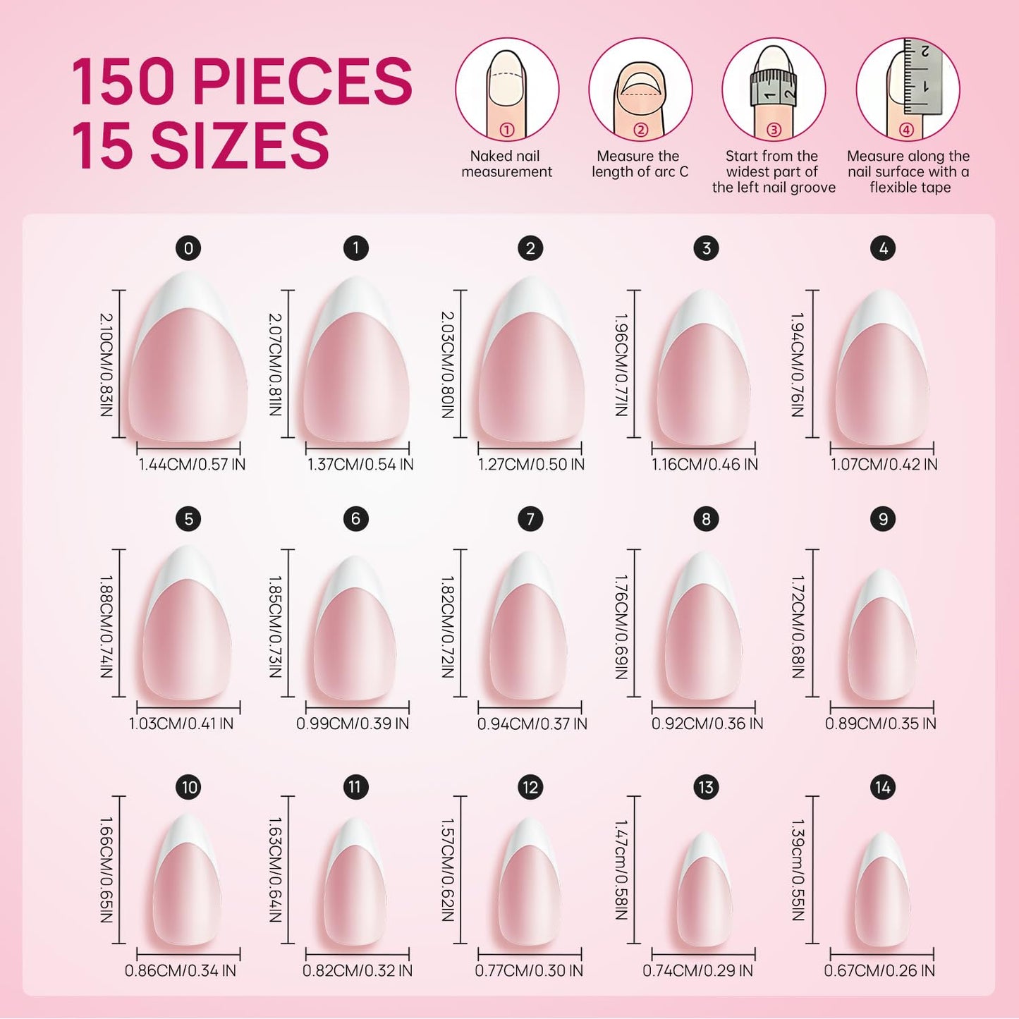 French Tip Short Almond Nail Tips - Pink Matte White Full Cover Press-On Nails | 15 Sizes for Salon & DIY Use