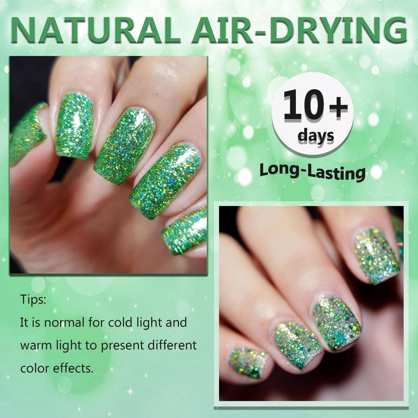 NovaCharm Green Glitter Nail Polish -10ML Holographic Nail Varnish - Rainbow Nail Gel Glitter - Iridescent Sparkle Nail Paint Gel - Quick Dry Nail Lacquer Shimmer Effect DIY Nail Art