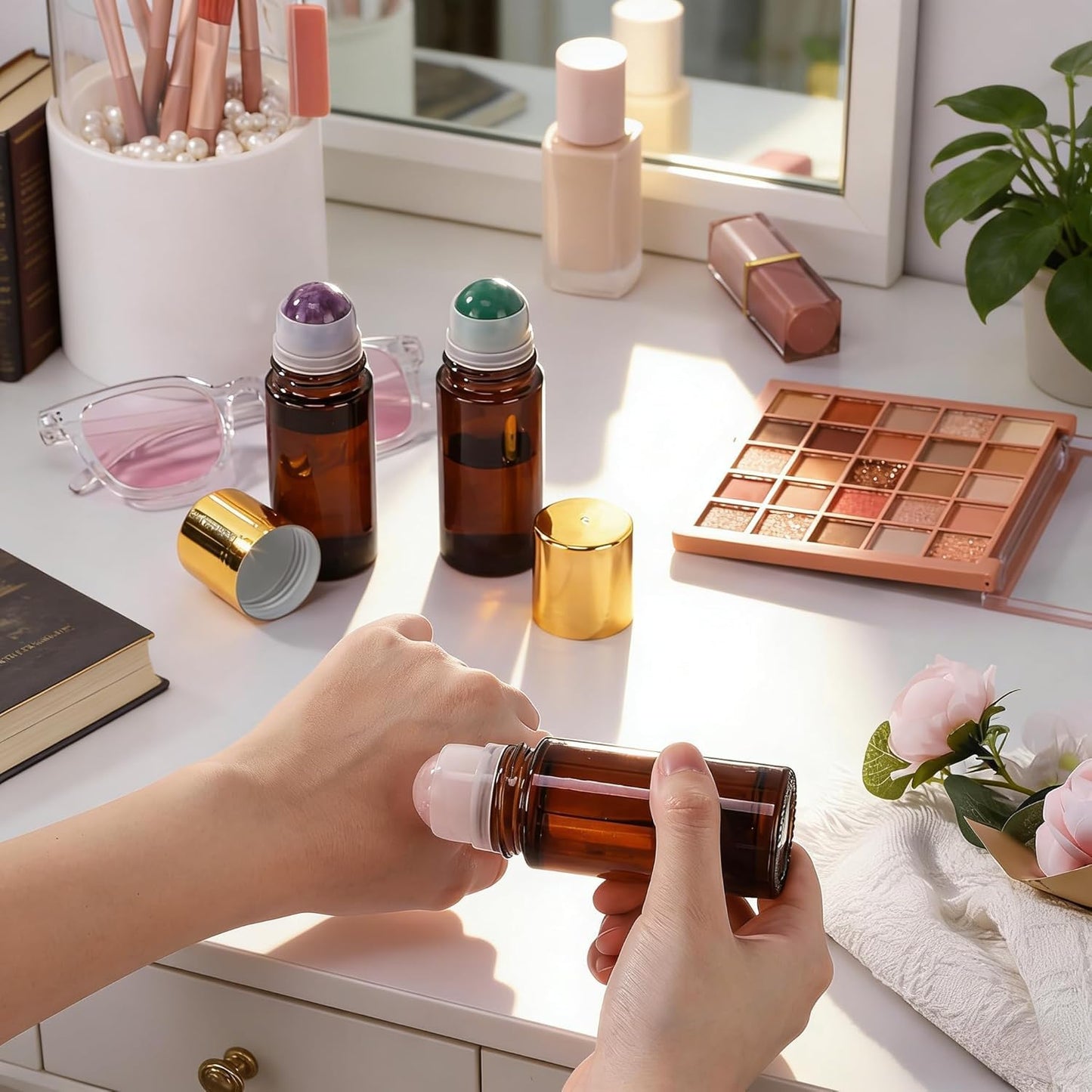 Rose Quartz Roller Ball Bottle for Oils - 50ml Refillable Empty Amber Glass Roller Bottles, Roll On Bottles for Essential Oils and Organic Castor Oil (Rose Quartz Roller Bottle)