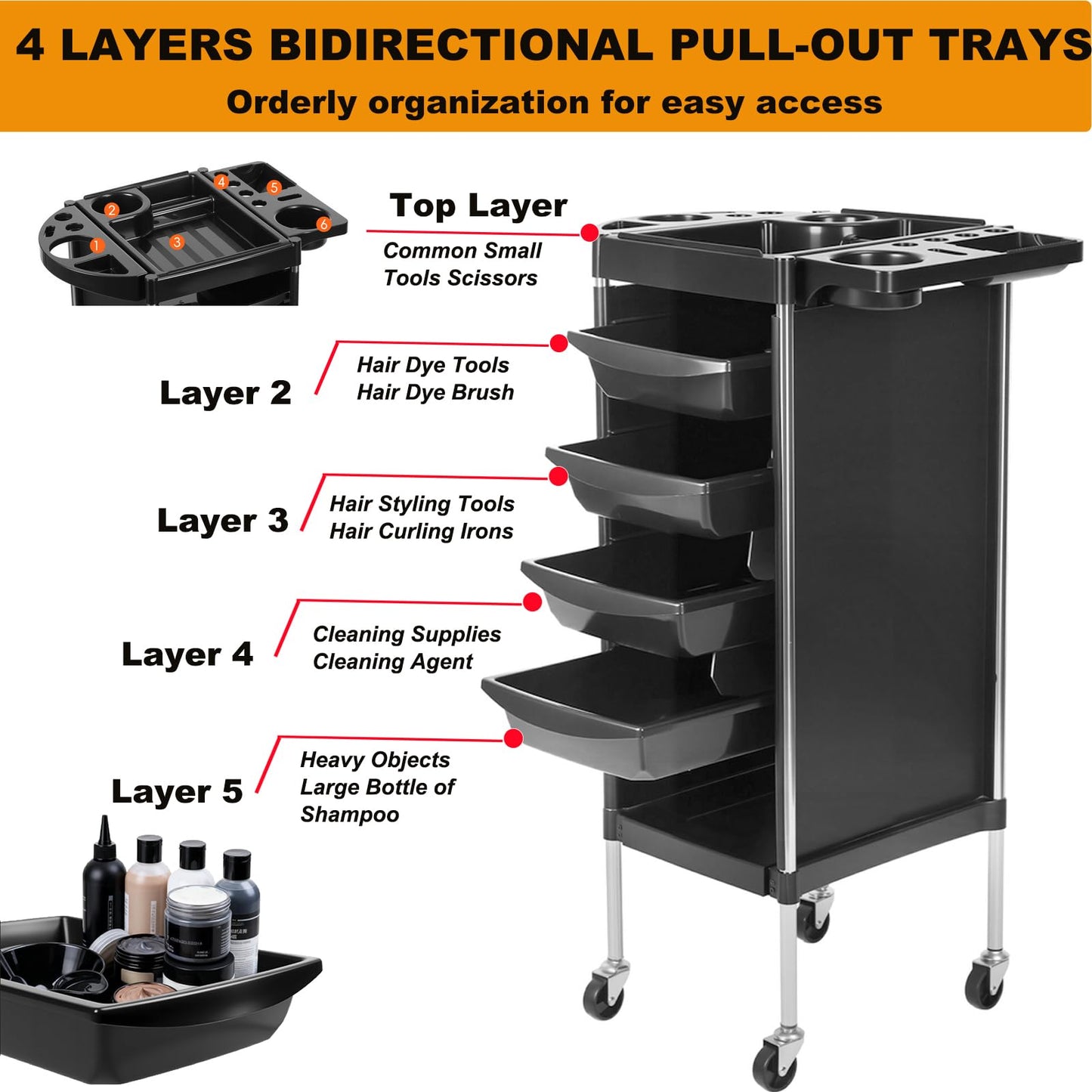 Salon Trolley Cart, 6-Layer Hair Stylist Cart with Wheels,Portable Salon Station Rolling Storage Trolley with Worktop Trays for Barbering or Hairstyling Beauty SPA Tattoo Service (Black)