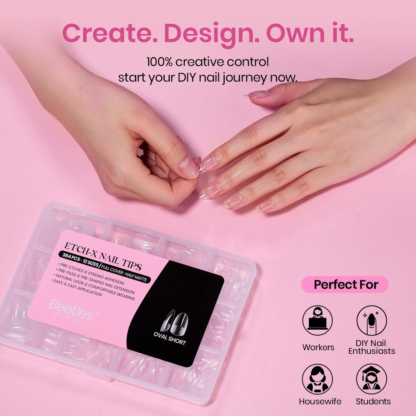Beetles Gel Nail Tips Etch-X- Oval Short, 384pcs 12 Sizes, Pre-Etched Half Matte Full Cover Soft Gel Nail Tips, Press on False Nail Extension Acrylic Fake Nails, Easy DIY Salon Art