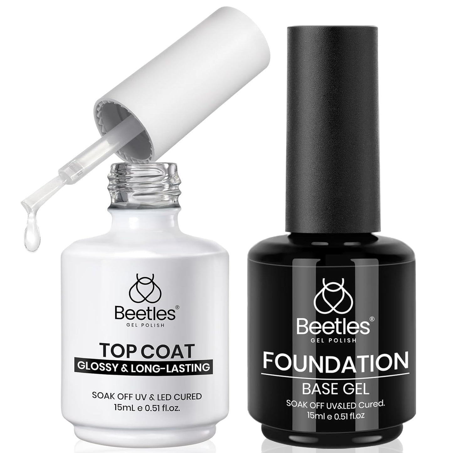 Beetles Gel Base and Top Coat Set - 15ml | Extra Glossy Finish, Acid & Hema Free Nail Prep Bond