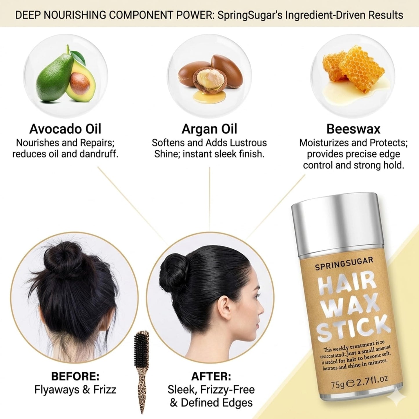 SPRINGSUGAR Hair Wax Stick & Slick Back Hair Brush Set, Flyaway Hair Finishing Stick for Women, Strong Hold Non-Greasy Hair Styling Wax for Sleek Bun, Ponytail & Edge Control