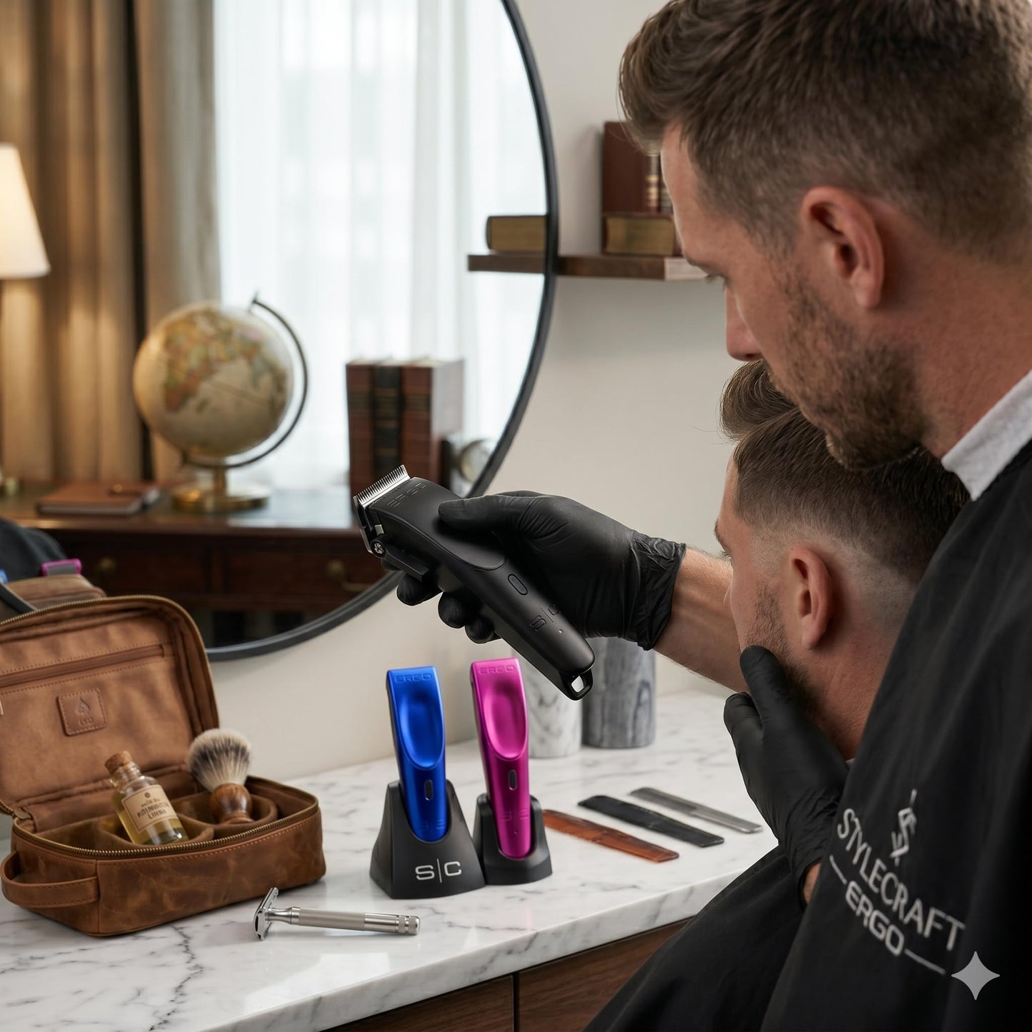 StyleCraft Ergo Professional Microchipped Magnetic Clipper with 5 Guards, Charging Stand, and 3 Customizable Colored Lids (Black, Pink, Blue)