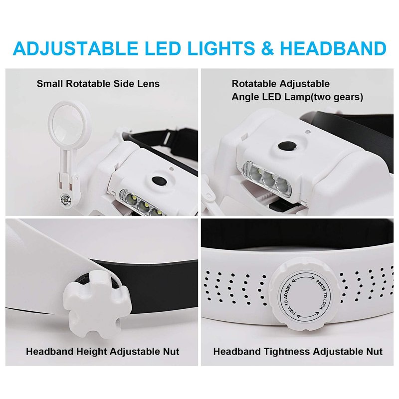 Dilzekui Headband Magnifying Glass with Light, Rechargeable Head Magnifying Glasses 1X to 14X, Magnifier Headset with 6 Detachable Lens, Hands Free Head Mount Magnifier for Close Work Jewelry Crafts