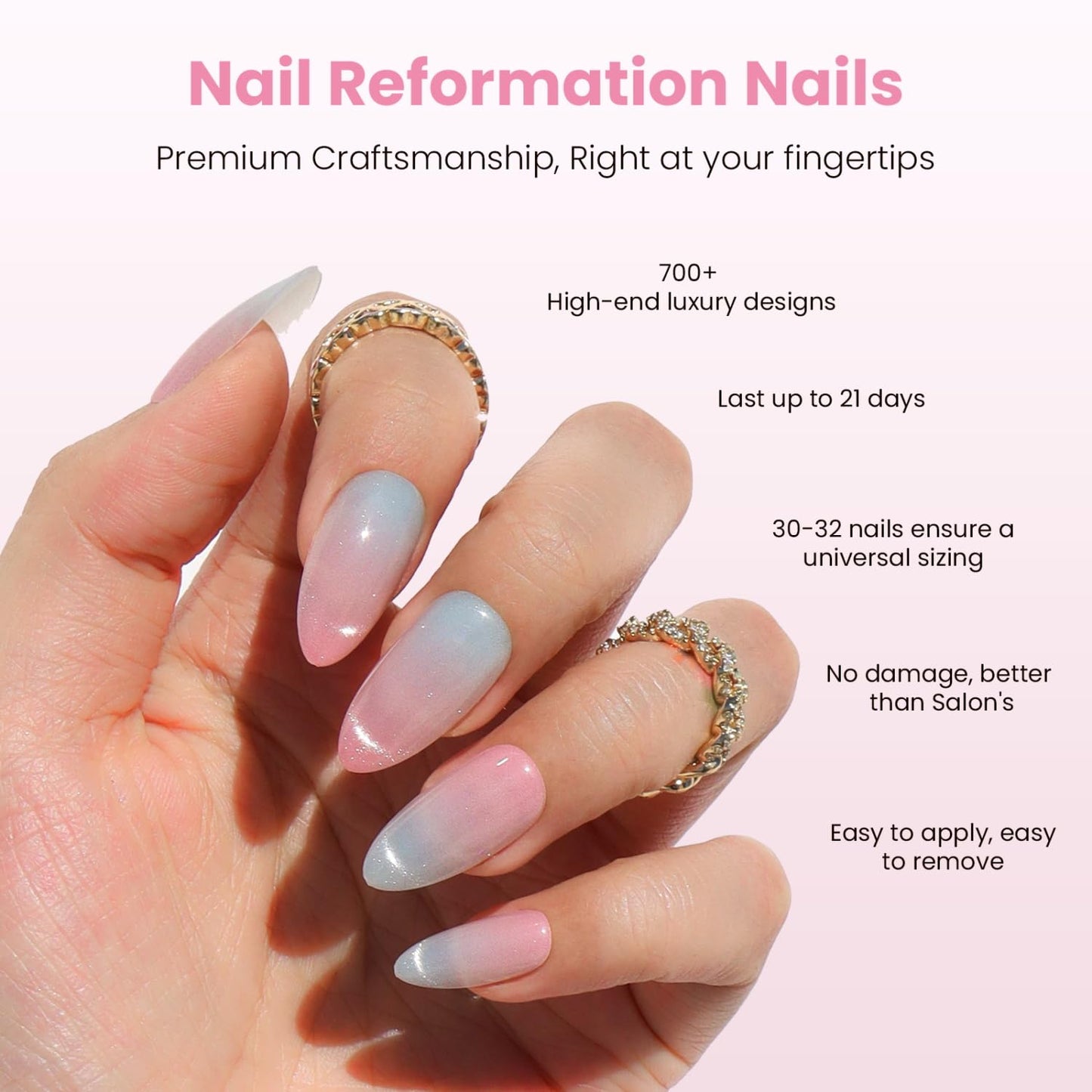 Nail Reformation Press On Nails, Iridescent Ice | Pink Medium Almond Fake Nails with Light Blue Cat Eye Finish, Glossy Reusable Stick On Nails Kit - 30 Pcs in 15 Sizes, Manicure Gifts for Women