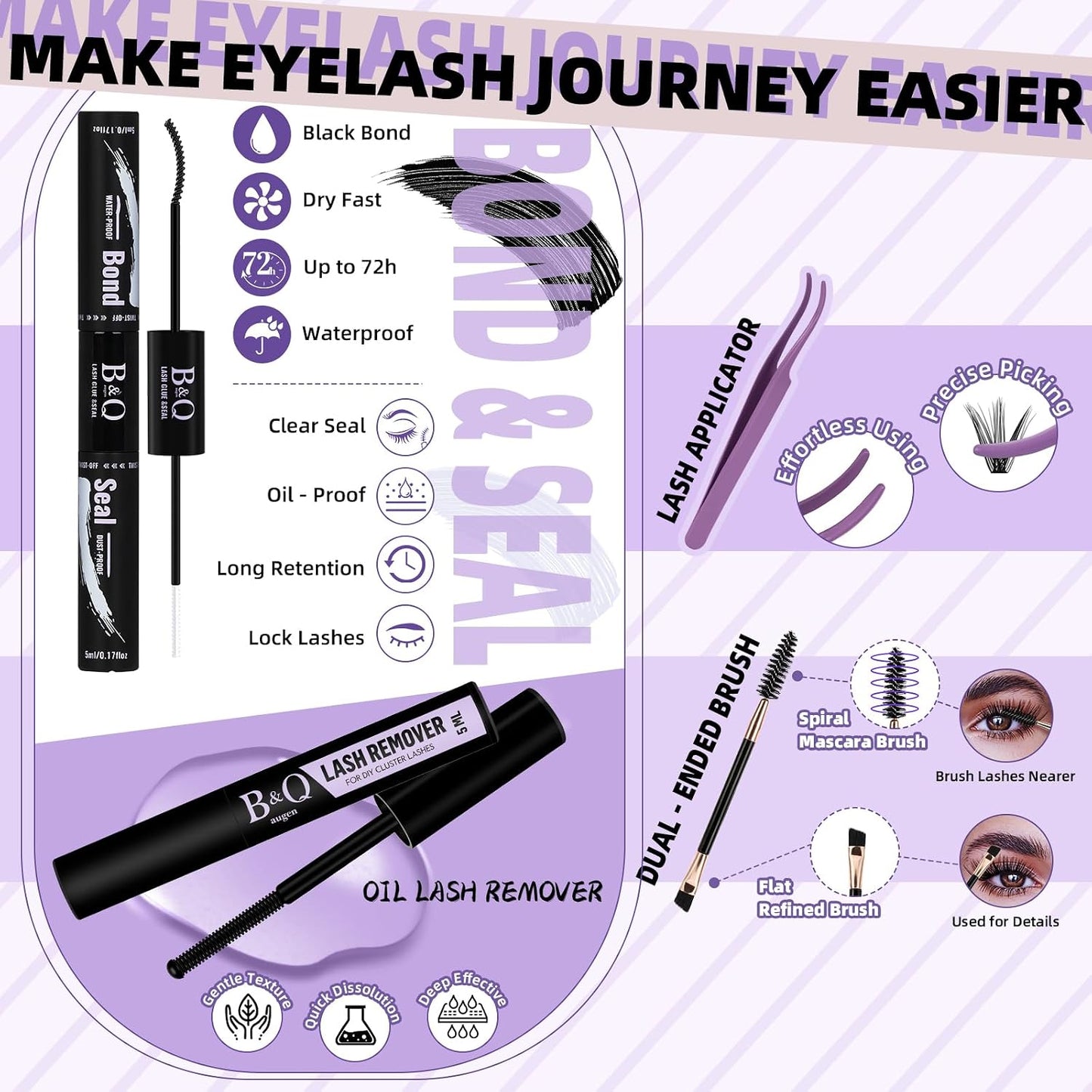 Eyelash Extension Kit - 10-18mm D Curl Lash Clusters with Bottom Lashes | DIY Bond & Seal Applicator