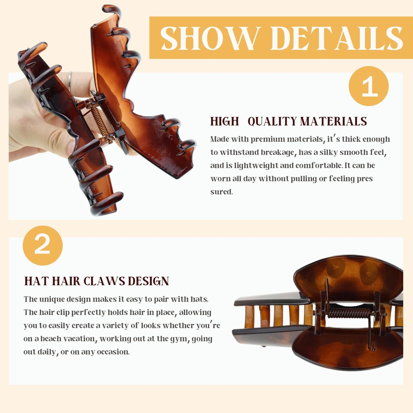 3 Pcs Large Trucker Hair Claw Clip for Hat, Baseball Claw Clips for Women, Acetate Tortoise Shell Non-Slip Strong Hold Hat Hair Clips, Claw Clips for Thick Hair Hat Hairstyles, Gifts Hair Accessories