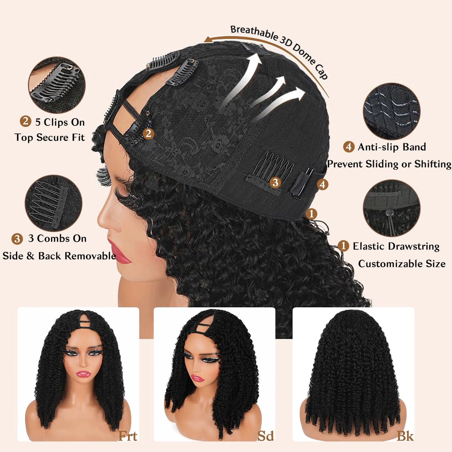 Burmese Curly V Part Half Wig - 220% Density, 16 Inch, 100% Human Hair | Easy Wear & Go Style