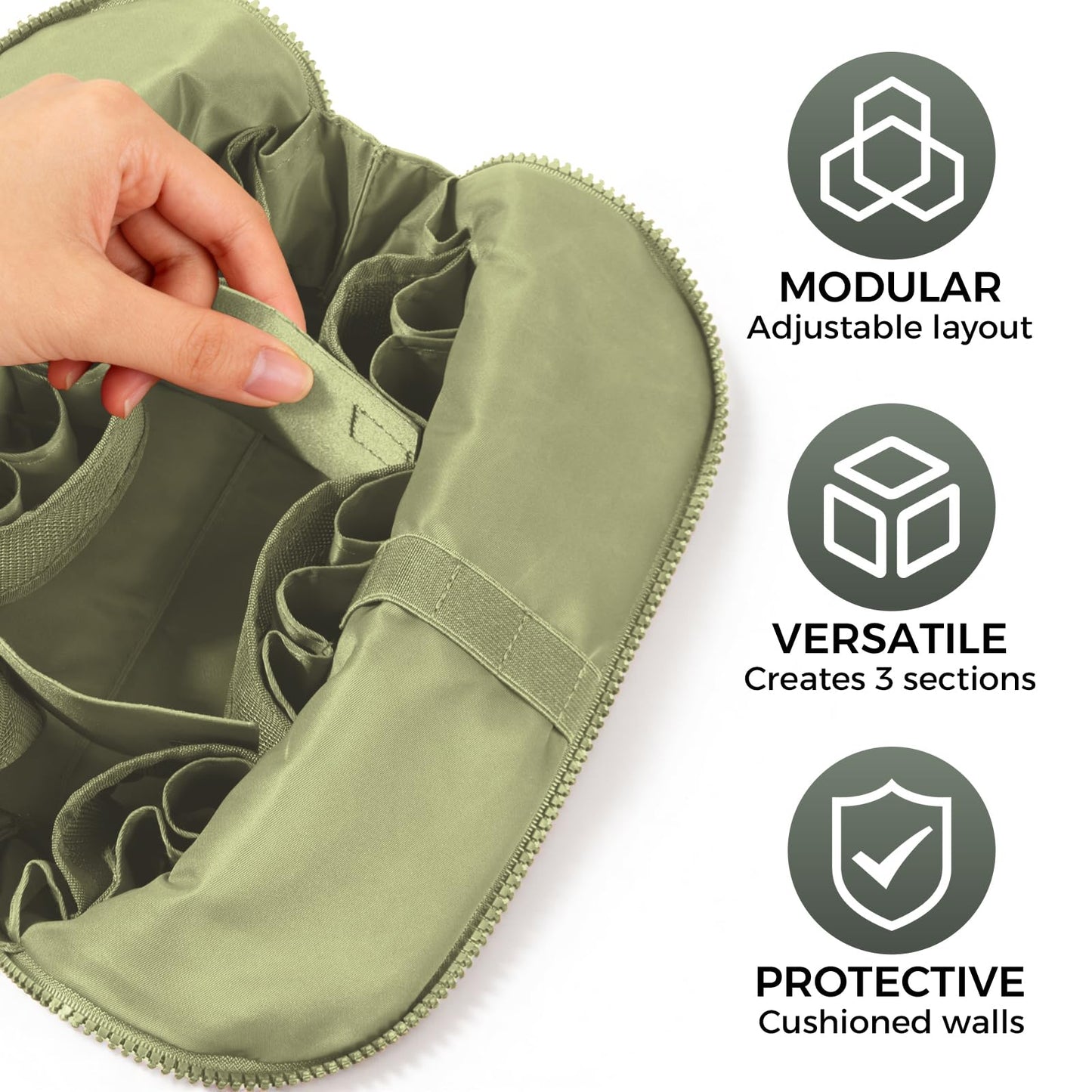 Travel Makeup Organizer Bag with Fold-Down Design and Adjustable Dividers, 27 Pockets & 3 Brush Storage Holders, Large Capacity Cosmetic Bags Toiletry Case - Dark Green