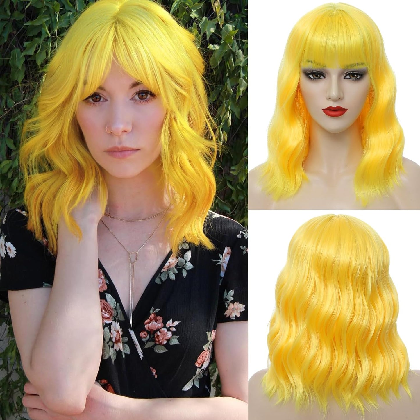 Emerald Green Wavy Bob Wig with Bangs - Shoulder Length Synthetic Cosplay Hair