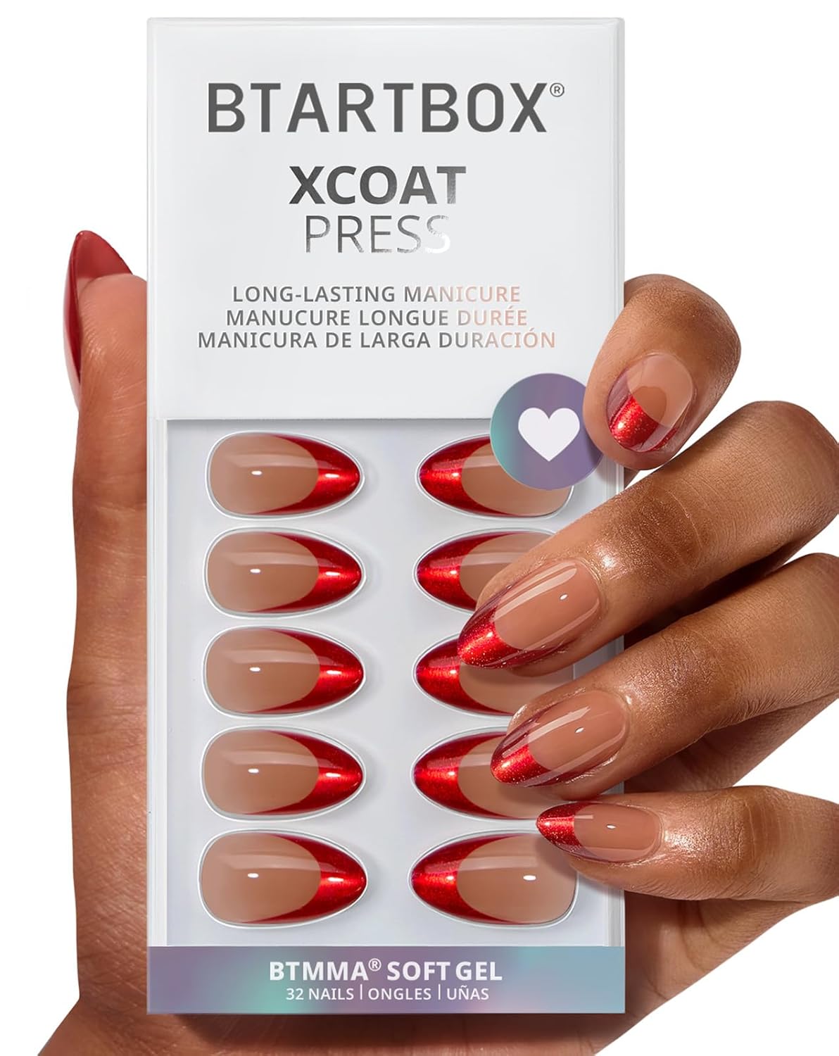 Press On Nails Almond - Gilded Cheer Short Glitter French Tips | 16 Sizes, Lamp-Curable Soft Gel Kit