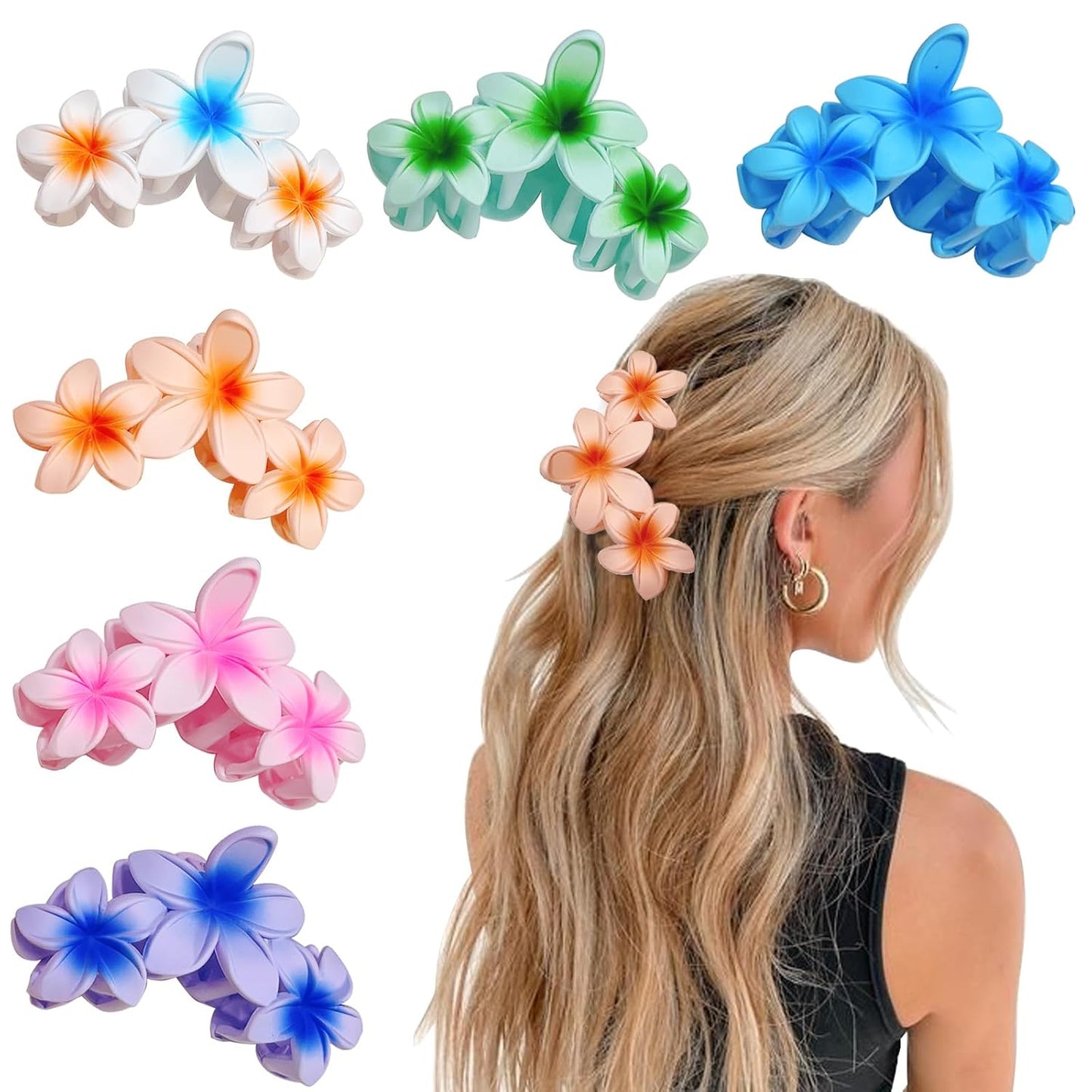 Flower Hair Clips for Women - 6PCS Hawaiian Plumeria Strong Hold Hair Claws | Cute Beach Accessories