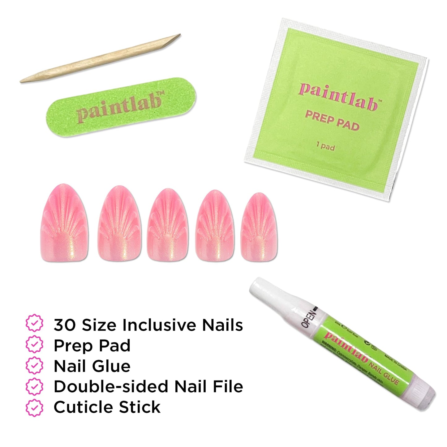 PaintLab Short Almond Press On Nails - Pink Mermaid Seashell Fake Nails, 30 Nails in 15 Sizes with Glue, Reusable Salon Quality Nail Press Ons