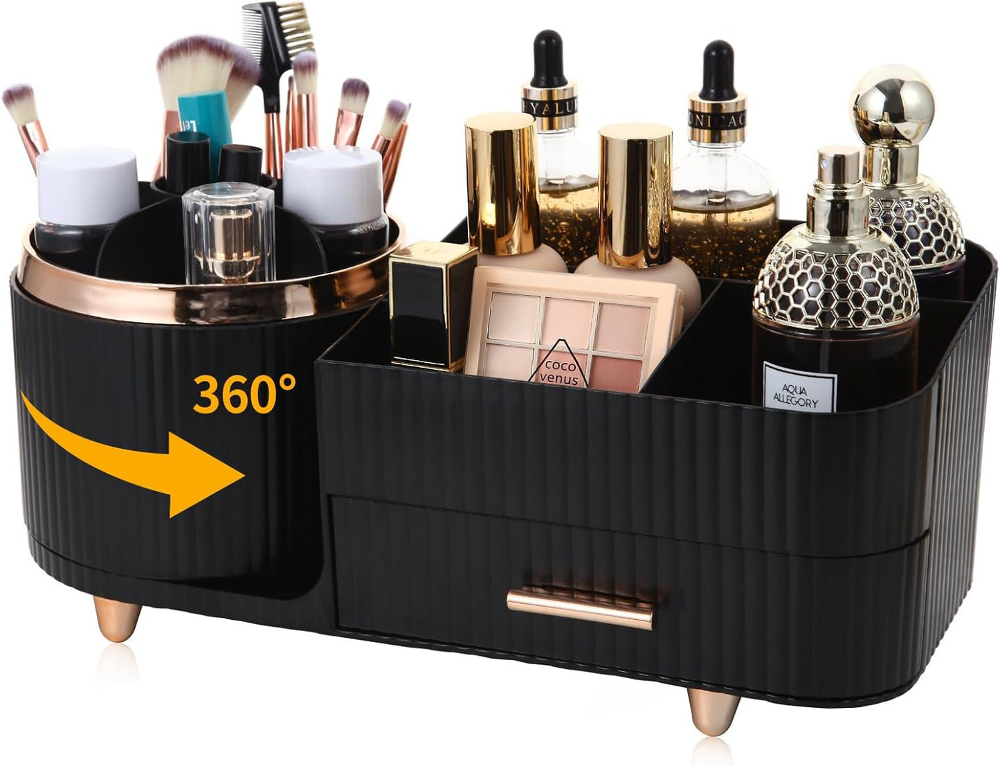 Makeup Organizer - 360 Rotating Brush Holder with Drawer | Large Capacity Skincare & Cosmetic Storage - Black