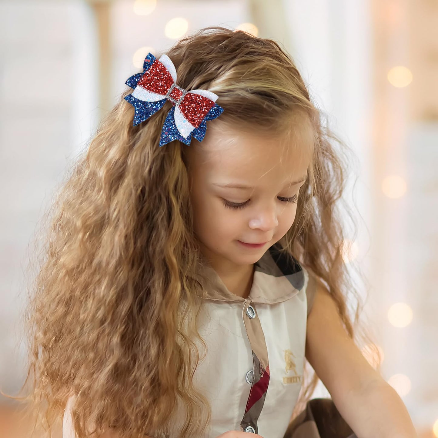 4th of July Patriotic Hair Bows Alligator Clip For Girls Glitter Sparkly Red White Blue Sequin Cheer Barrettes Hairpins Independence Day Xmas Party outfit Dress Decor Accessory Gift 3.5"