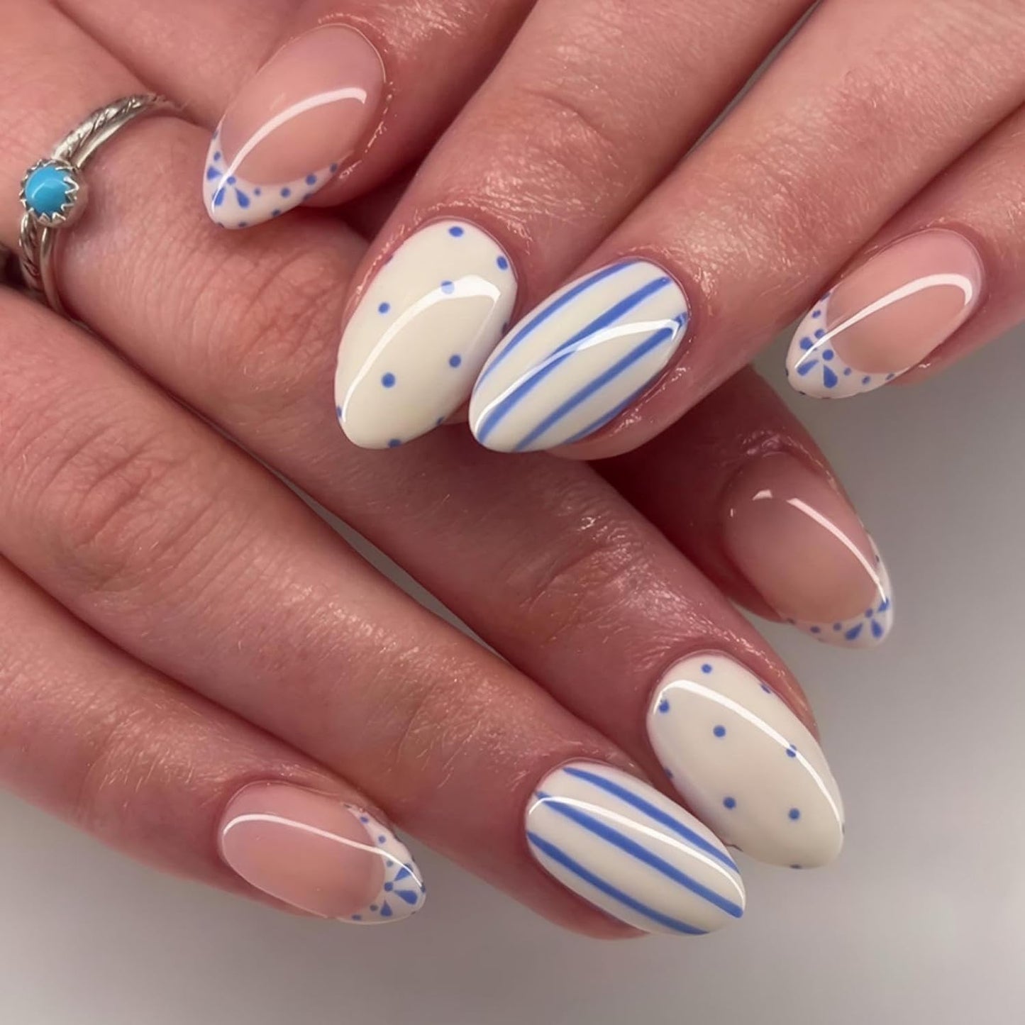Flower Nail Press Ons - French Tip 3D Floral Butterfly Acrylic Nails | Glossy Pink Medium Almond Full Cover - 24 Pcs