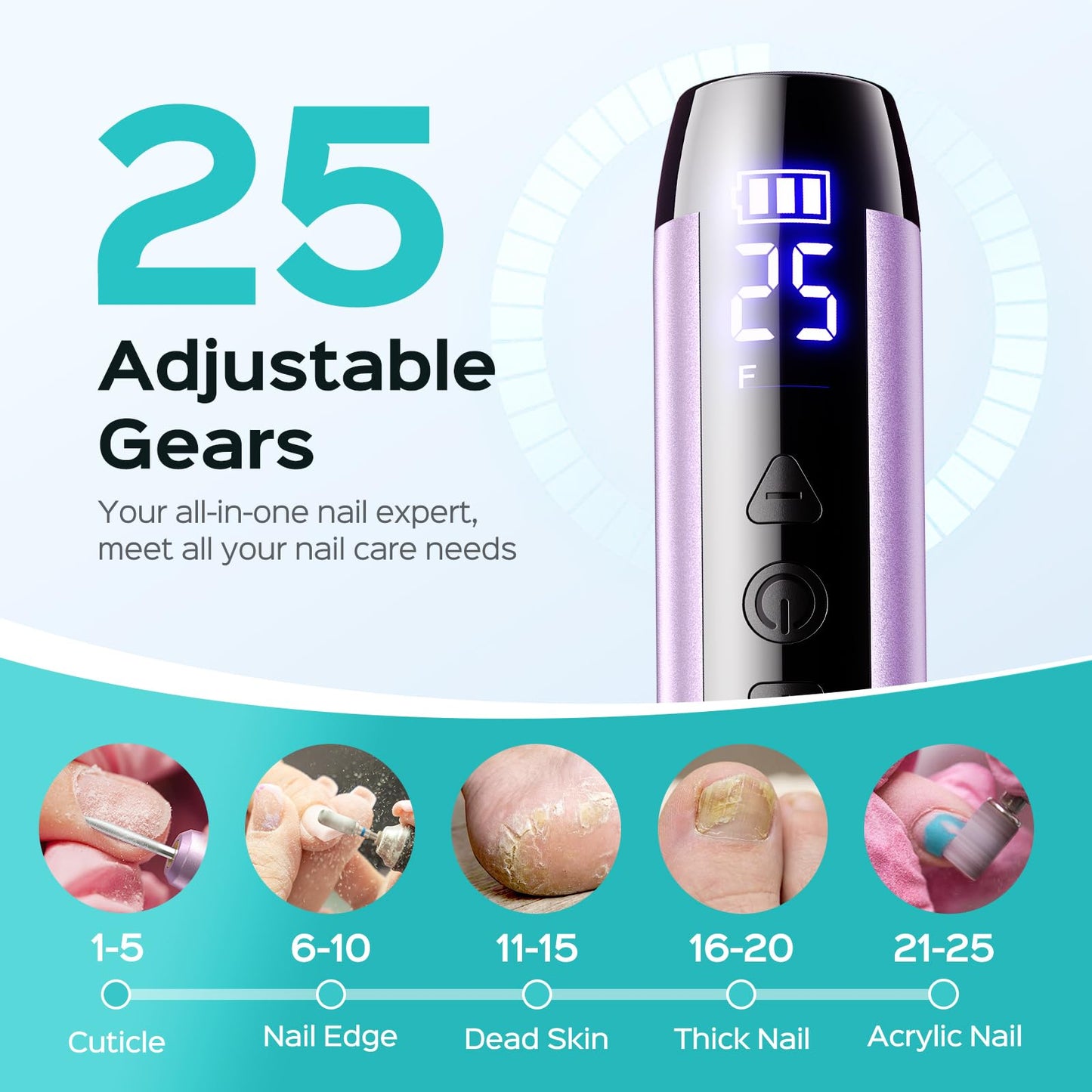 COSLUS C51 Cordless Nail Drill Electric File: Professional for Acrylic Gel Dip Powder Nails, Portable All-in-One Nail Drill Machine Kit for Manicure & Pedicure, with LED Screen & 25 Speeds, Purple