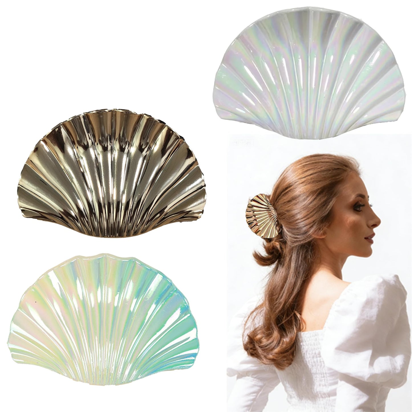 3PCS Seashell Claw Clip for Women 3.74 Inch Gold Shell Claw Clip for Thick/Thin Hair Hawaiian Hair Accessories for Girls, Hawaii Tropical Decor for Summer Beach Vacation (Gold White Blue Gradient)