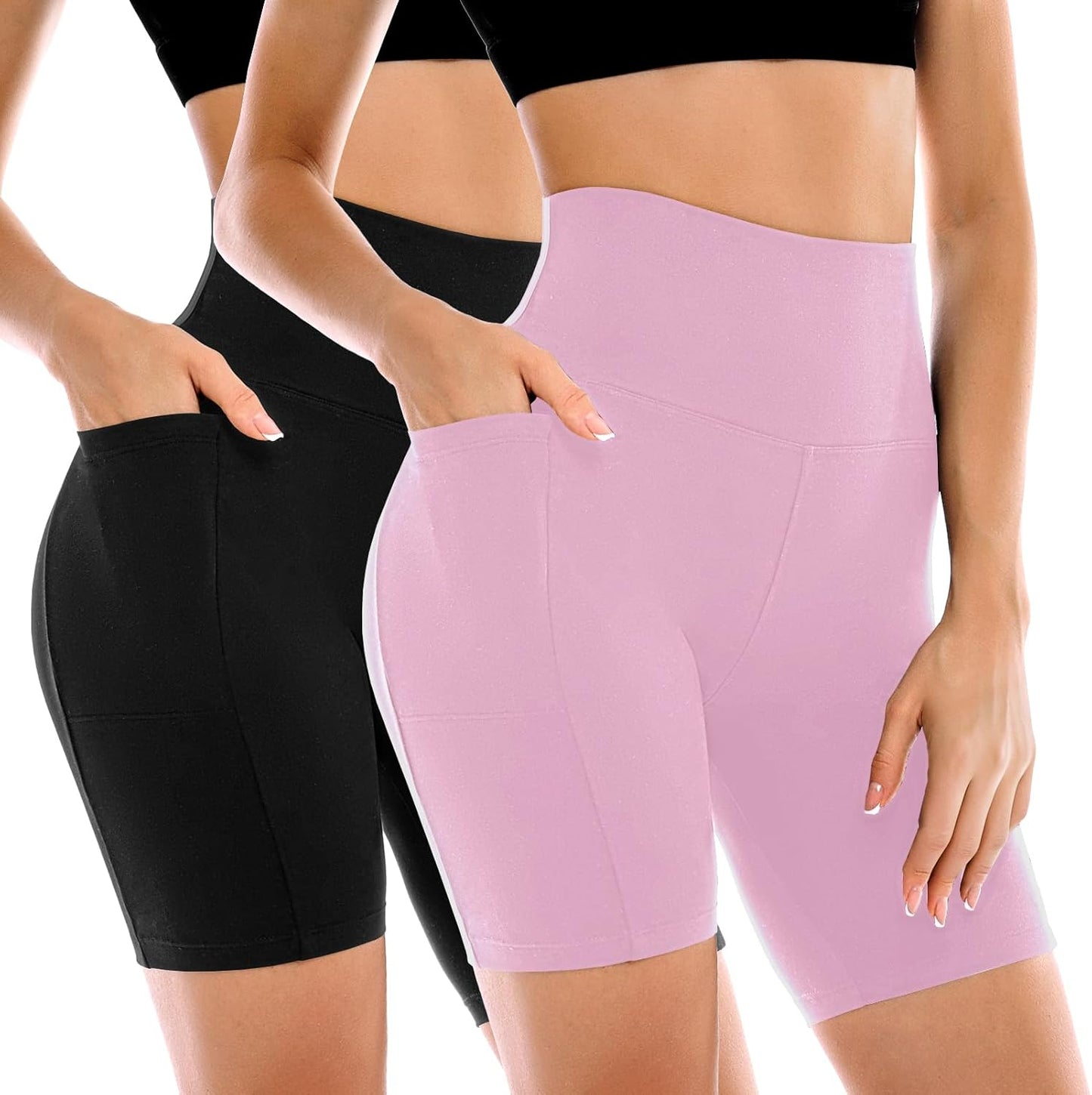 High Waisted Tummy Control Biker Shorts for Women - 2 Pack with Pockets | Yoga & Workout Gear