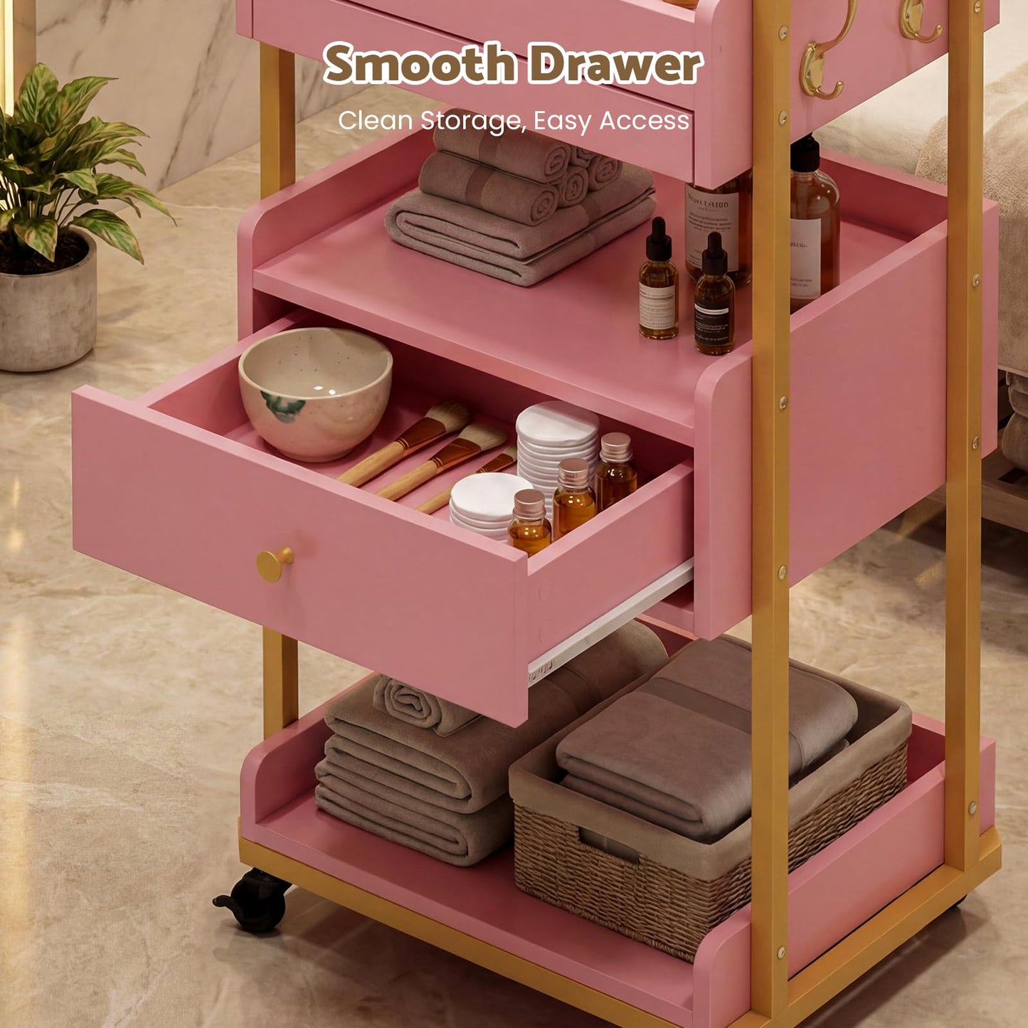 Salon Spa Cart with Wheels & Drawer, 3-Tier Rolling Beauty Storage Cart with Slide-Out Tray, Mobile Salon Cart for Esthetician, Beauty Salon and Spa Use (Pink)