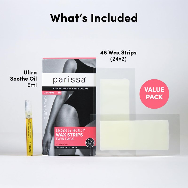 Parissa Natural Legs & Body Wax Strips | Large Ready-to-Use Strips, Beginner-Friendly & Gentle on Sensitive Skin | Includes Post-Wax Ultra Soothe Oil | 48 Strips (24 x 2)