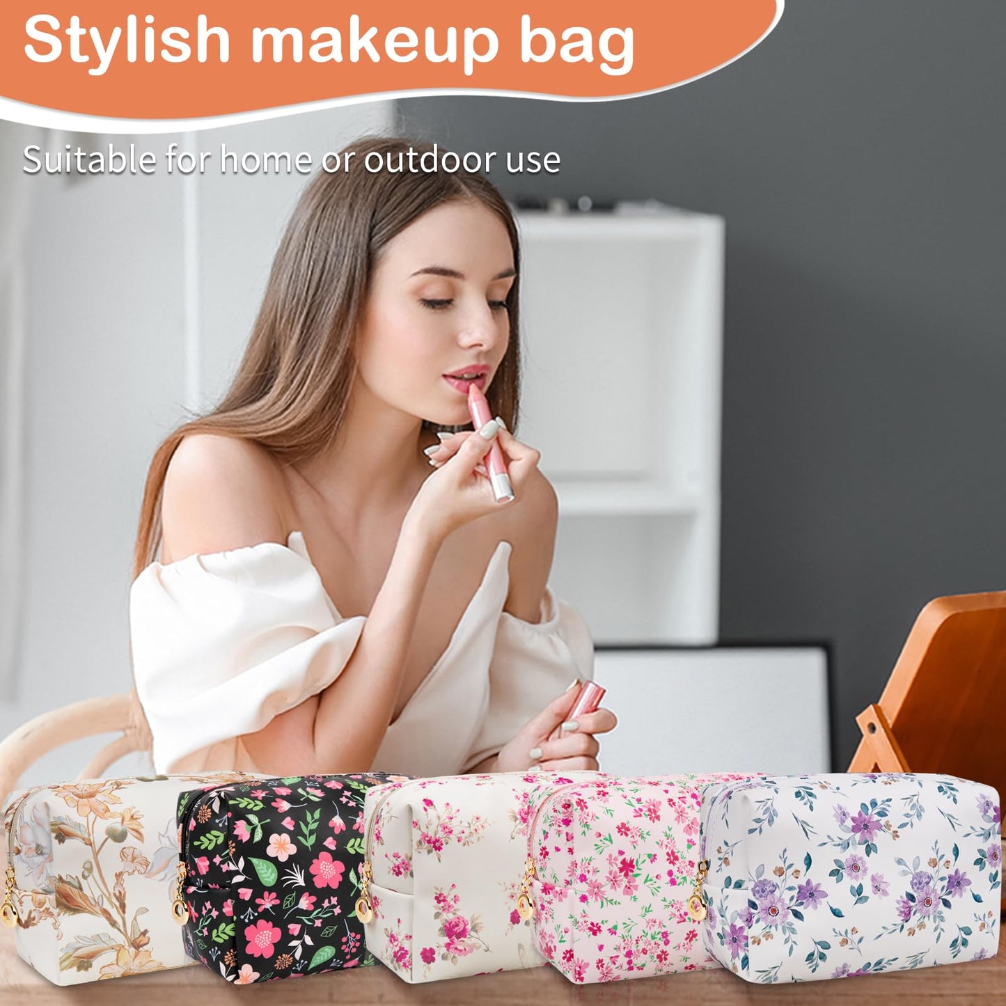 Gosect Floral Waterproof Makeup Bag, Leather Cosmetic Bag with Compartments, Zipper Make up Pouch Organizer, Portable Storage Travel Toiletry Bag Gifts for Women Girls(Pink Flower)