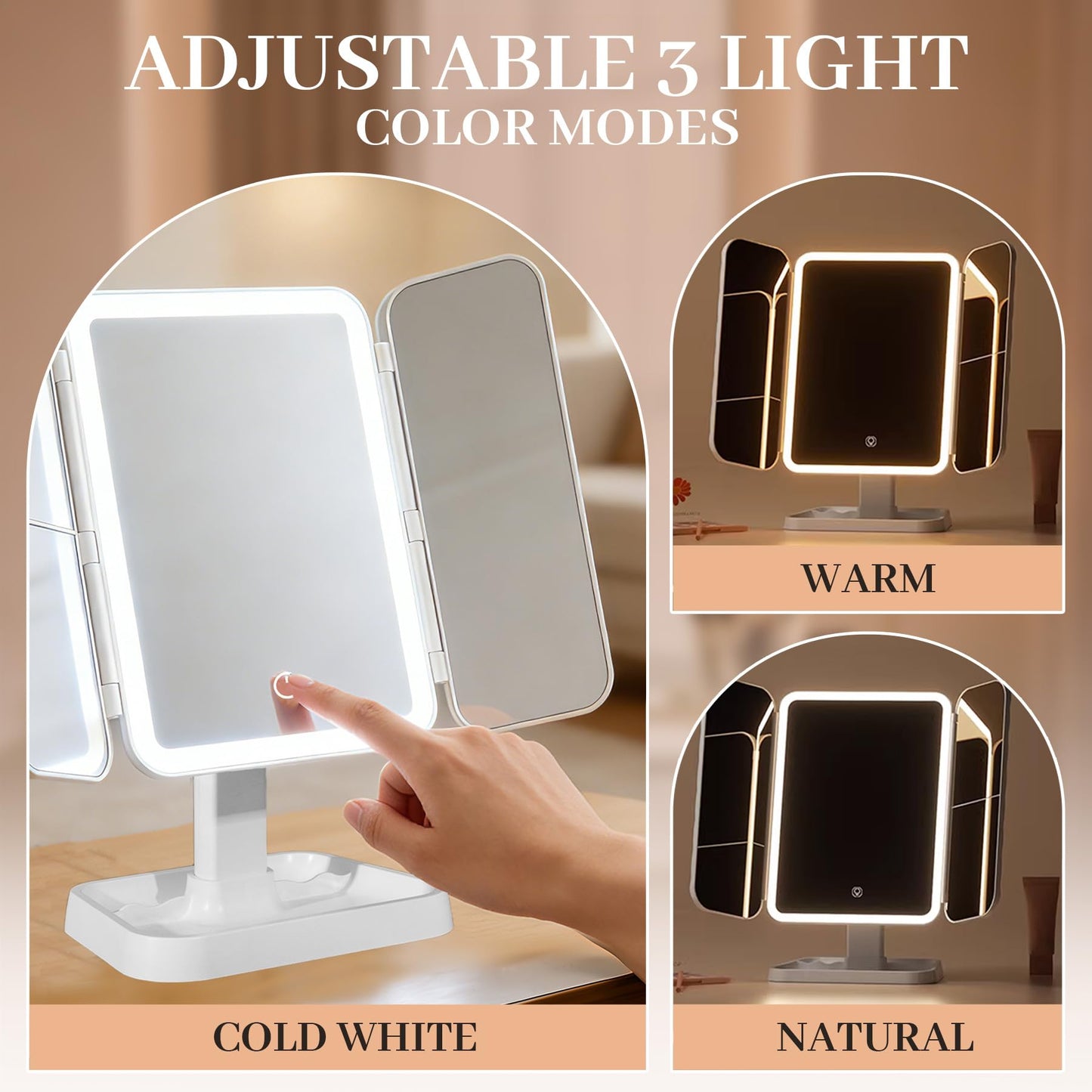AoKayzu 1x/2x/3x Magnification Makeup Mirror,Adjustable Touch Screen with 4 Mode Lights Change 180°Rotation USB Charge Lighted Desktop Mirror for Make up Travel Cosmetic