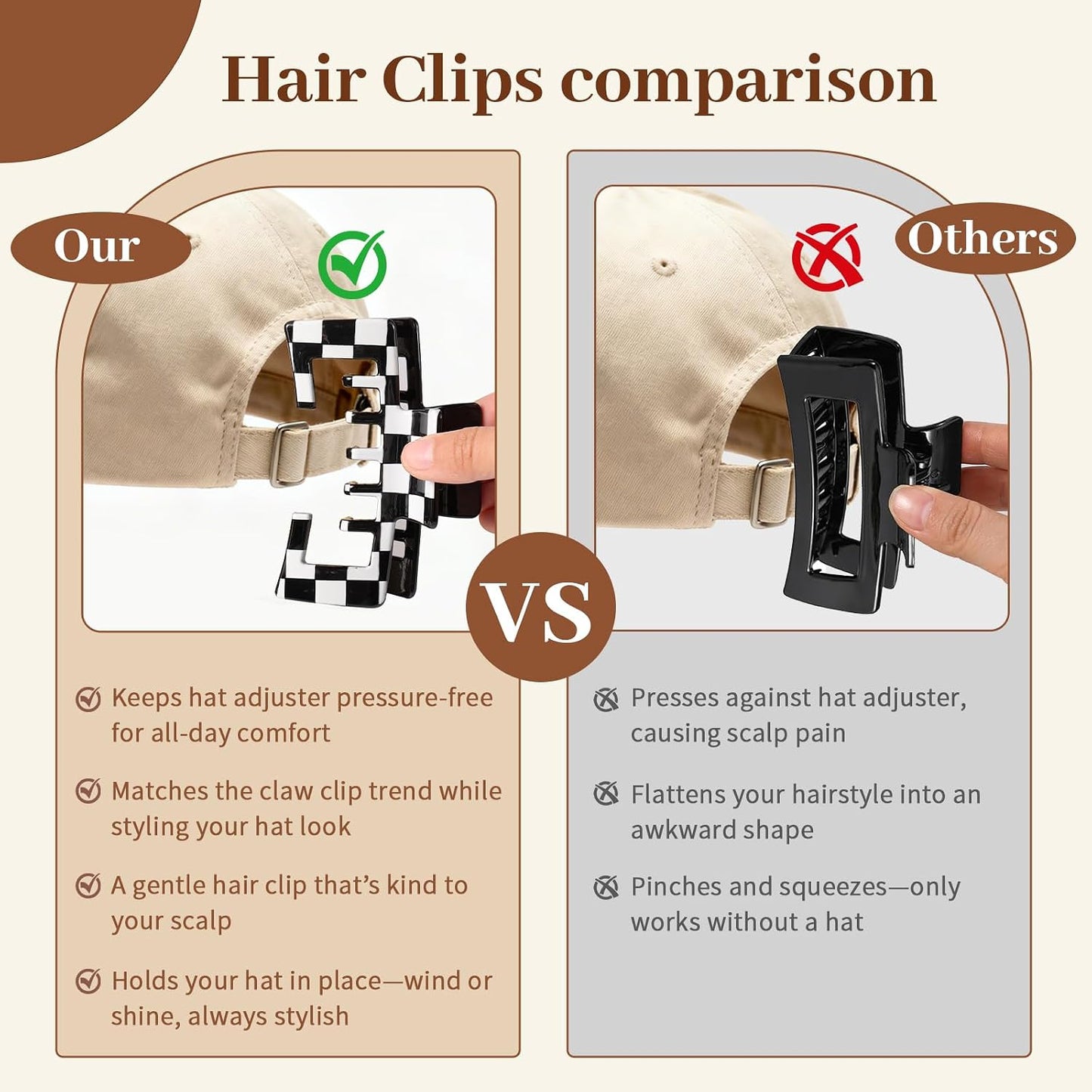 Large Hair Clips for Baseball Caps - 4.1 Inch Non-Slip Claw Clips for Women & Girls | Checkered Design
