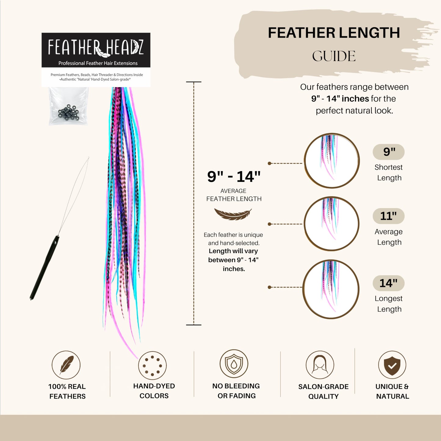 21 Purple Pink & Turquoise Color Hair Extensions – 9”–14” Long – DIY Rooster Kit with 20 Micro-Link Beads – 100% Real Feathers – Eye-Catching Boho Style
