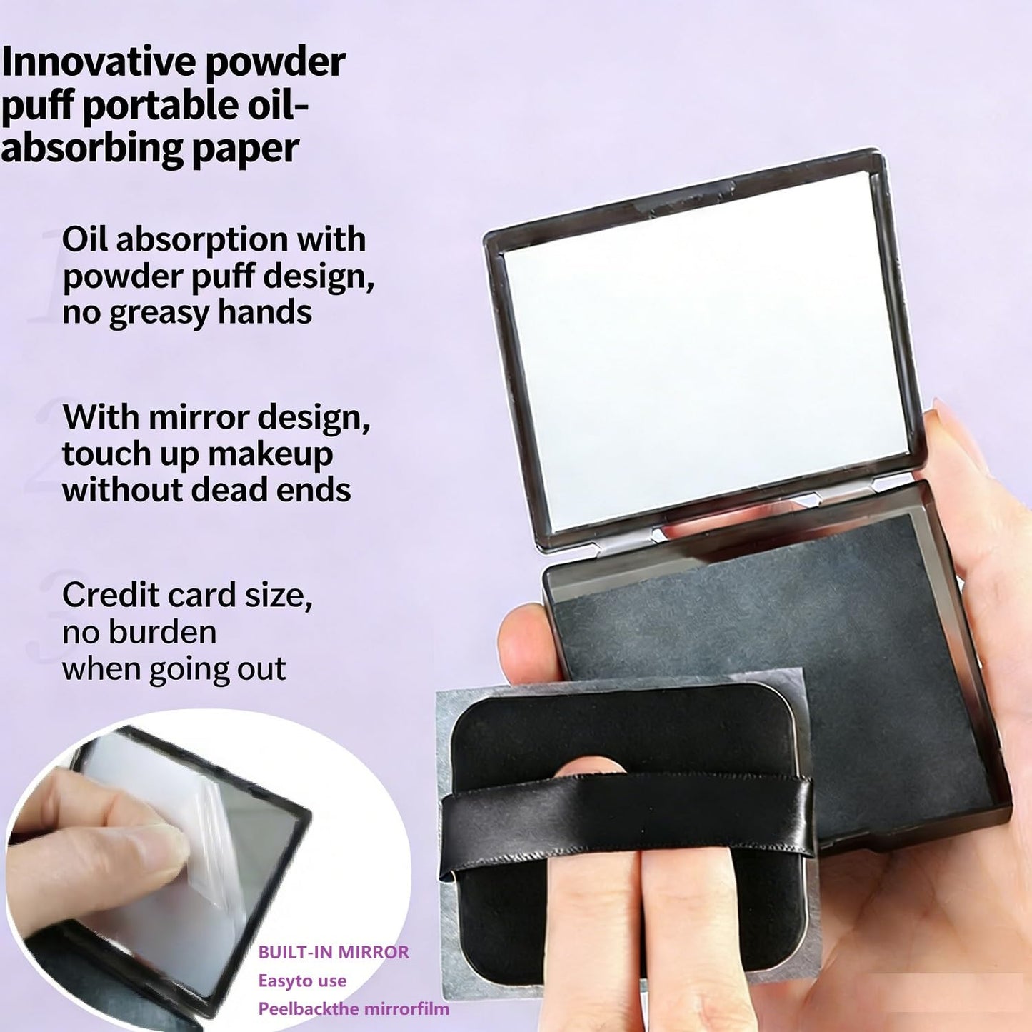 EKIND Black 3 in 1 Oil Blotting Paper Set with Mirror and Adhesive Makeup Puff, Facial Portable Matte Control for Oily Skin Travel Compact (100 Sheets Oily Absorbing Pads)
