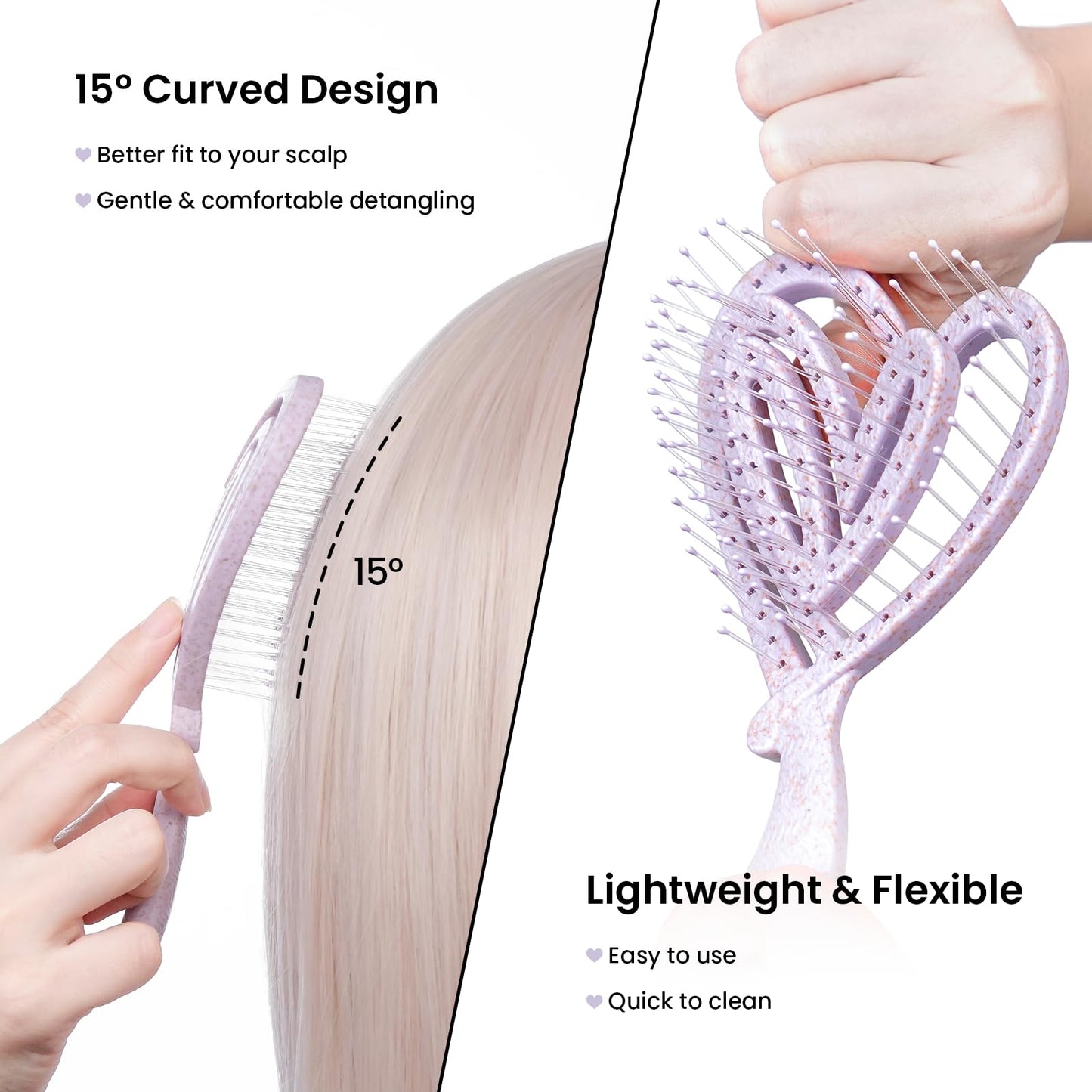 Biofriendly Mini Detangling Hair Brush for Wet & Dry Hair, Compact & Lightweight for On-the-Go Use, Gentle Flexible Bristles for Smooth Detangling, Heart-Shaped Design, Lilac Veil