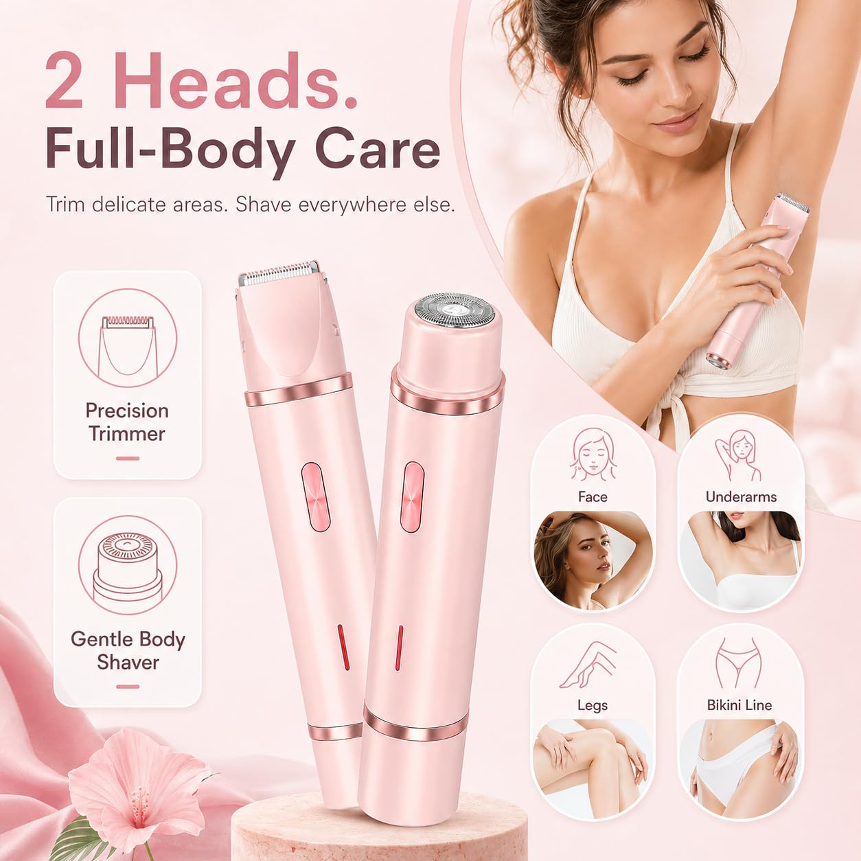 Bikini Trimmer for Women, 2 in 1 Electric Razors for Women - Double Head, Rechargeable, IPX7 Waterproof, Pain-Free Hair Removal for Facial, Body & Sensitive Areas with Ceramic Blades, Cordless