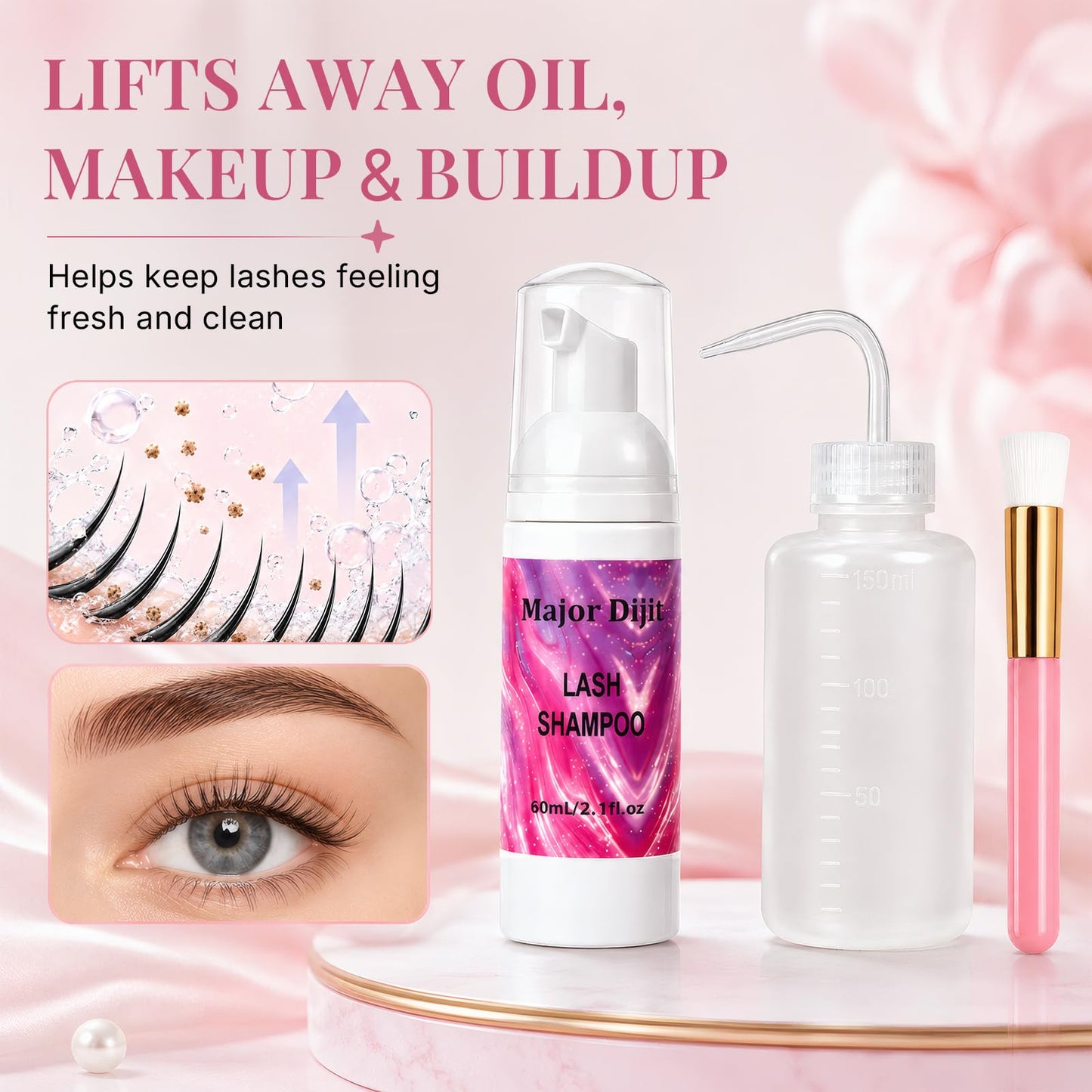 Major Dijit Lash Shampoo Kit Lash Cleaning Kit with Brush/Rinse Bottle Oil-free Cleanser Wash for Extensions & Clusters & Natural Eyelashes Cleaner for Eyelash Care (White Kit)