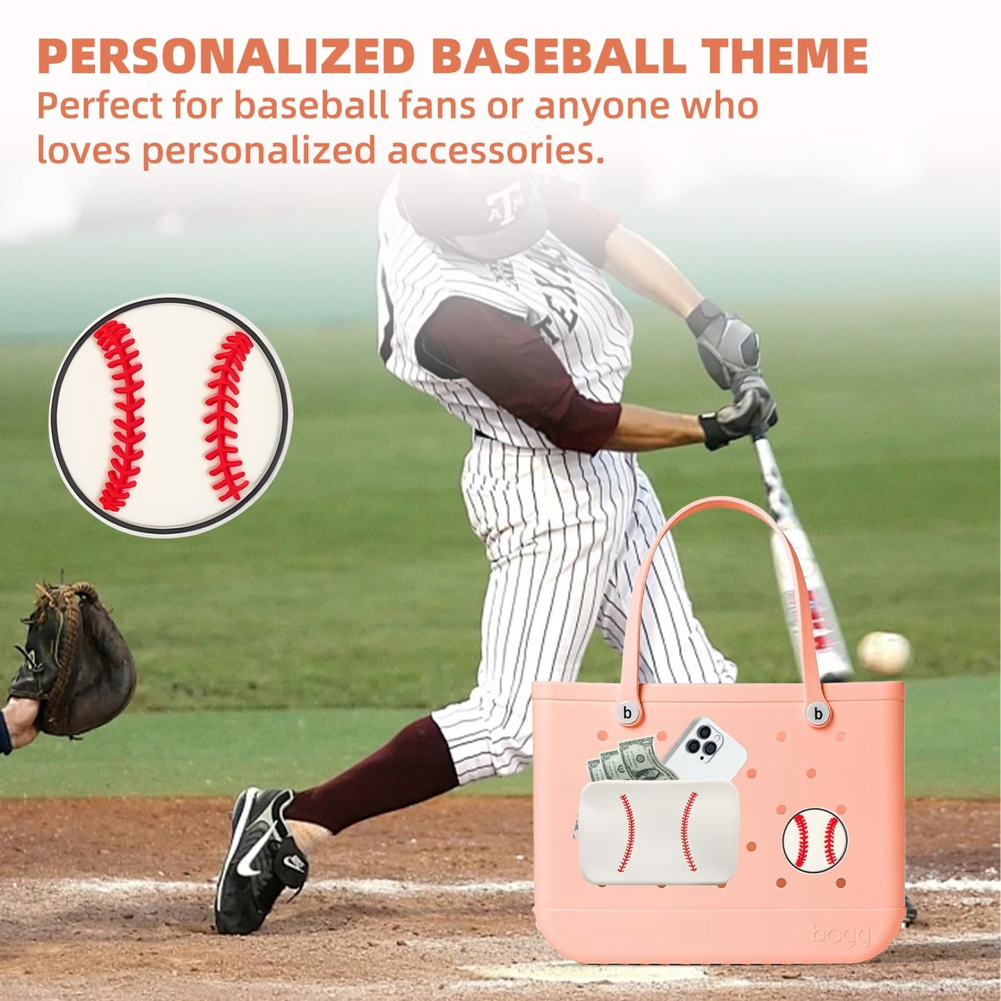 HMGES Baseball Silicone Zipper Pouch for Bogg Bag,Includes 1 Baseball Charm