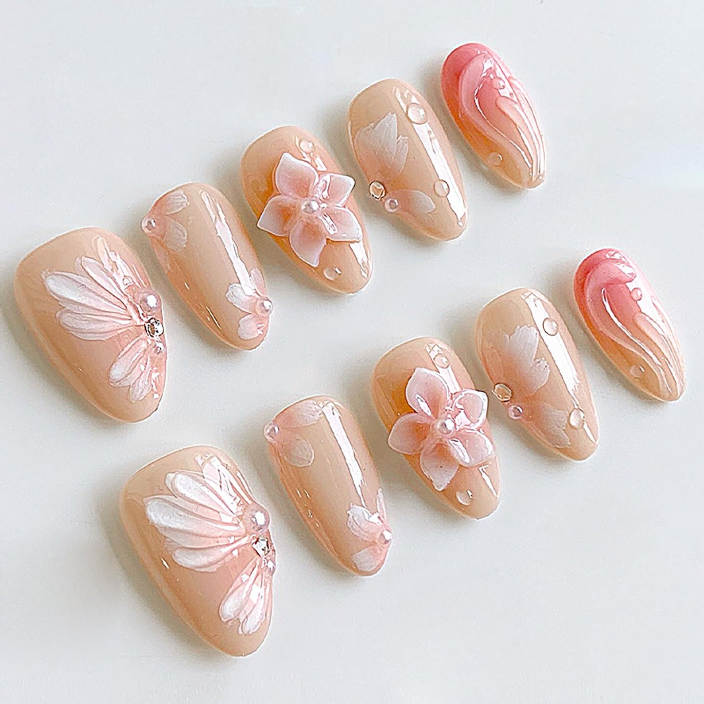 French Tip Press-On Nails - 30pcs Medium Almond Acrylic with 3D Flower & Pearl Design | Reusable Summer Nail Art