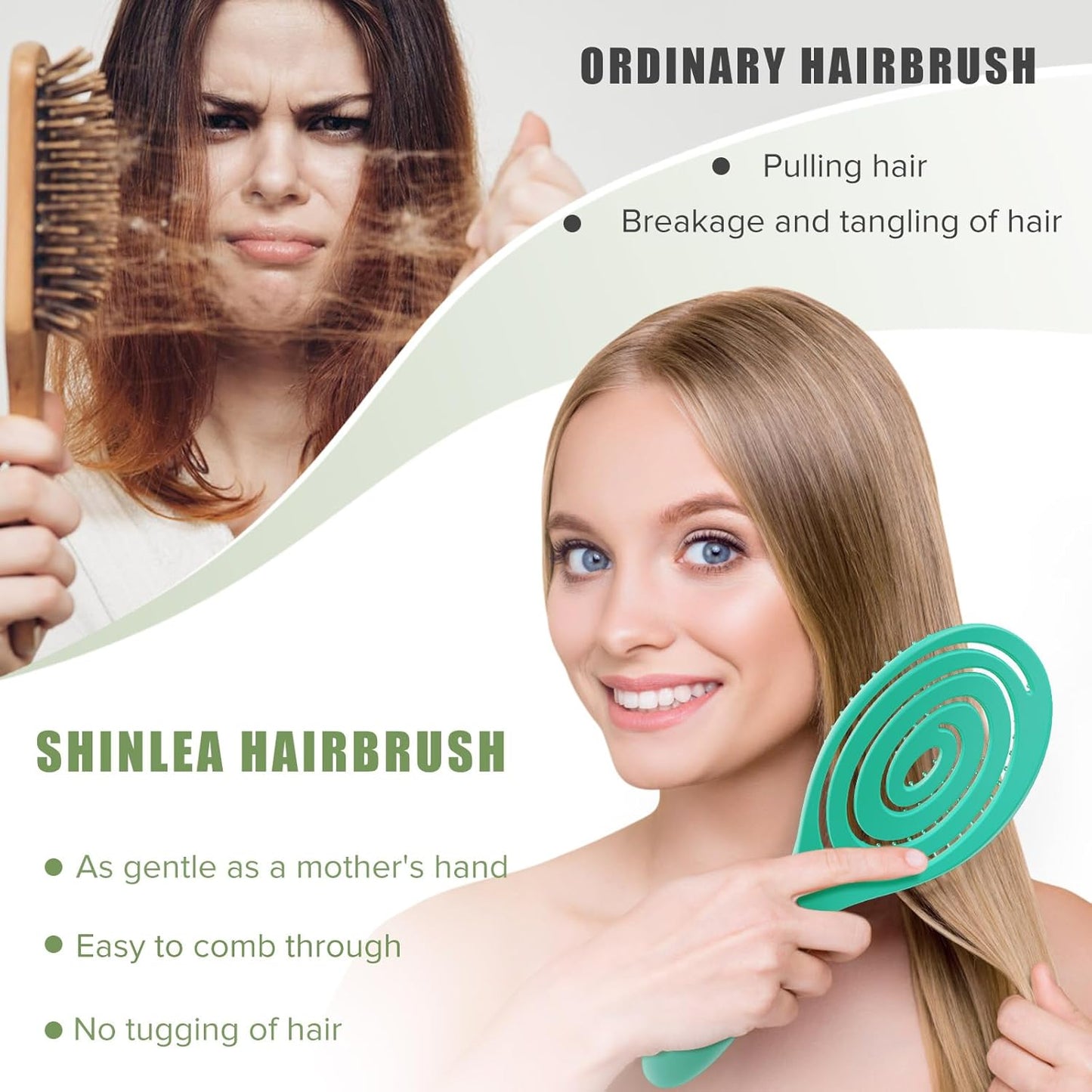 SHINLEA Detangling Hair Brush - Anti-Tangle Spiral Design for Wet & Dry Hair | Suitable for All Hair Types, Green