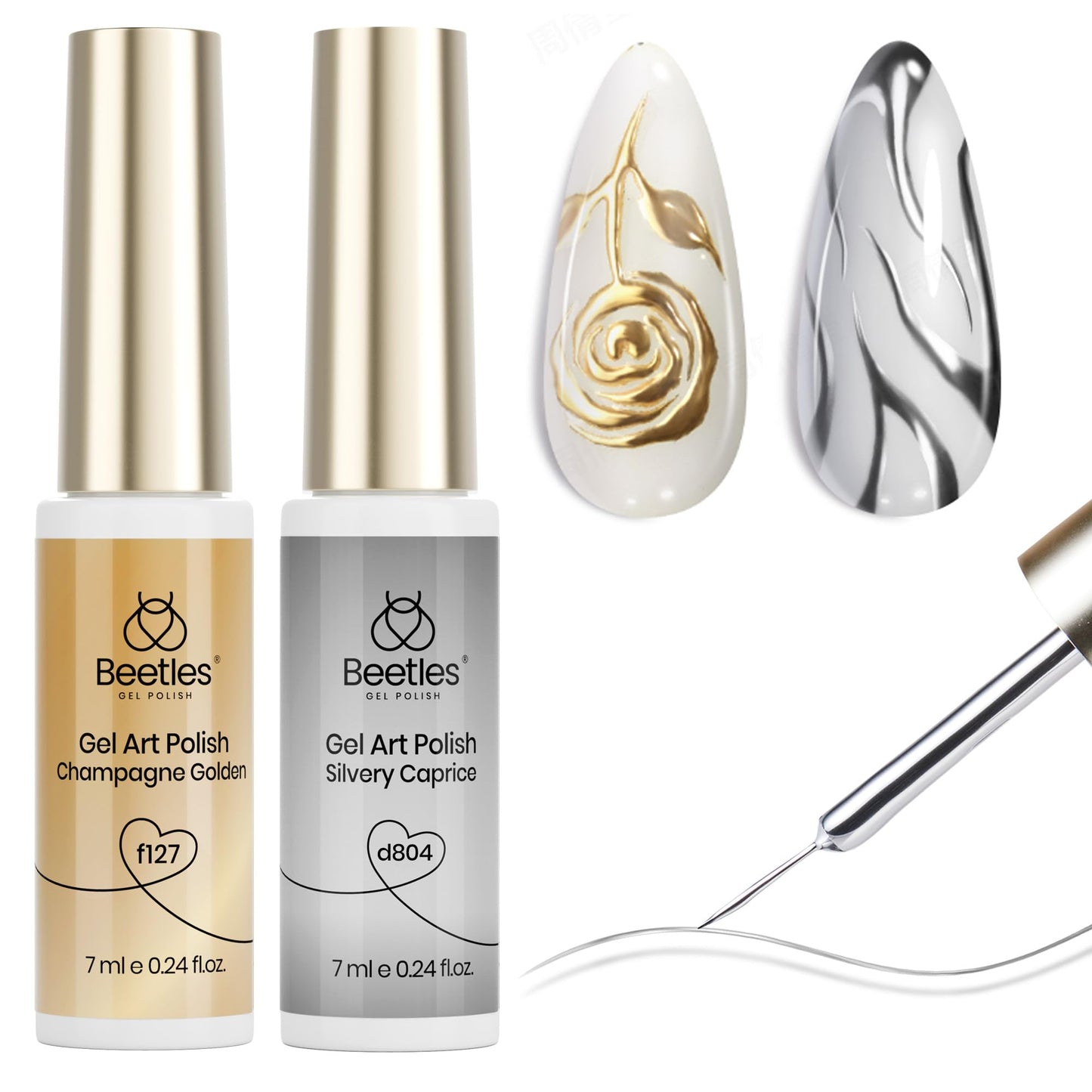 Beetles Metallic Gel Nail Polish Liner Set Silver Bronze Gold 2pcs Gel Liner Nail Art French Tip 3D High-Gloss Effect for Nails Paint Design with Build in Thin Brush DIY Soak Off Uv Lamp Manicure
