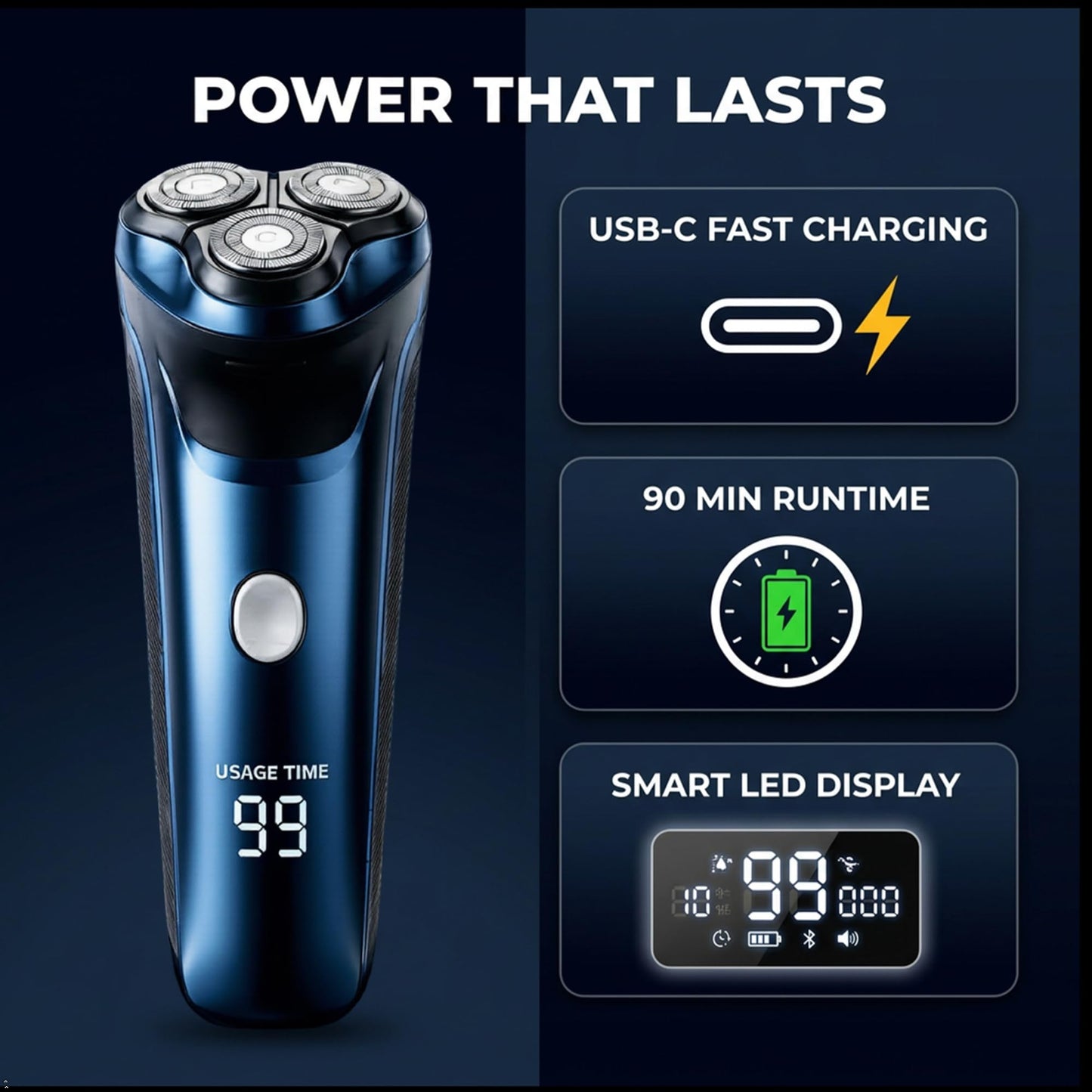 Smart 2-in-1 Electric Rotary Shaver for Men with 4D Floating Heads & Pop-Up Trimmer - USB Rechargeable, Wet & Dry Waterproof Razor with LCD Display (90 Min Runtime)