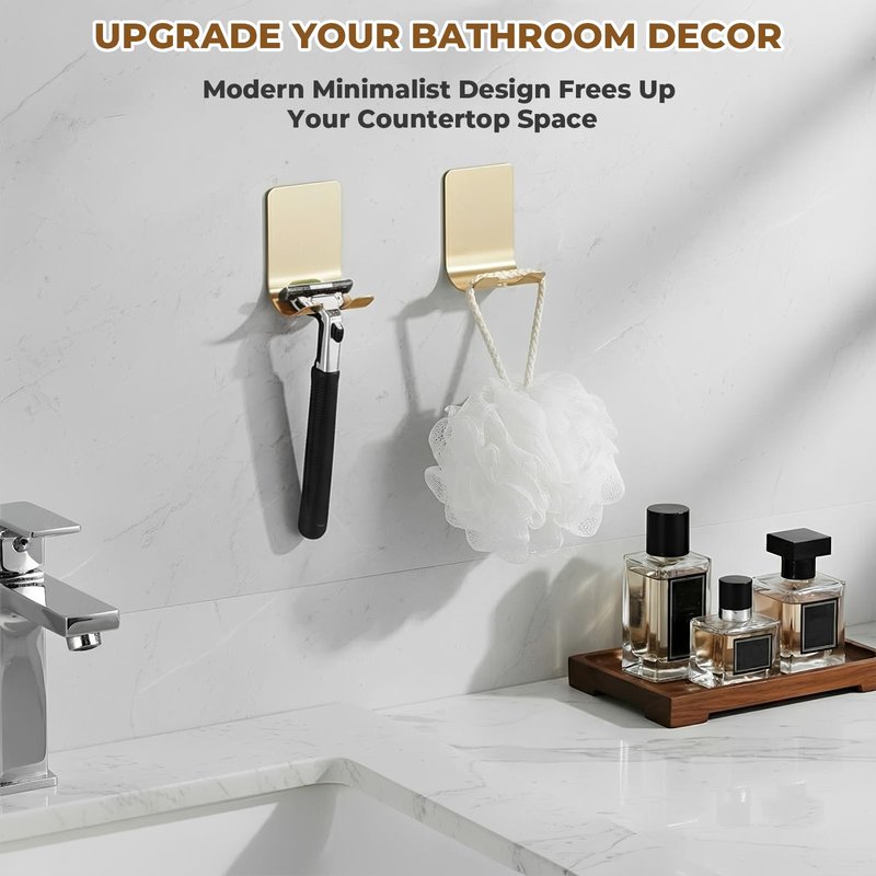 Heran Razor Holder for Shower Wall, 4 Pack Self Adhesive Shower Razor Holder, Waterproof Stainless Steel Hooks for Inside Shower, Towel Loofah Bathroom Kitchen Organizer Gold
