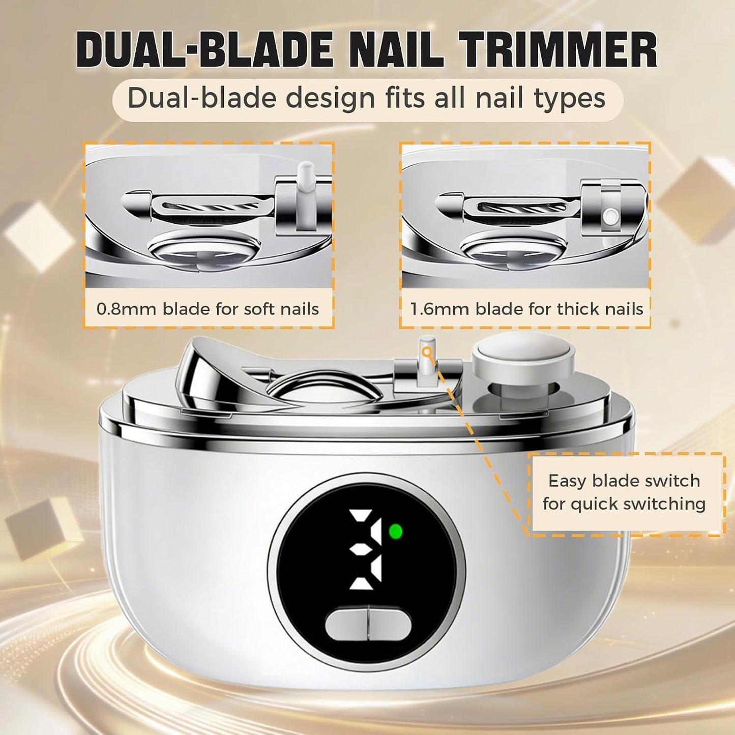 Automatic Electric Nail Clipper - 3-in-1 Dual-Blade Trimmer with LED Lamp & Storage | Rechargeable Safe Nail Care Tool for All Ages (White)