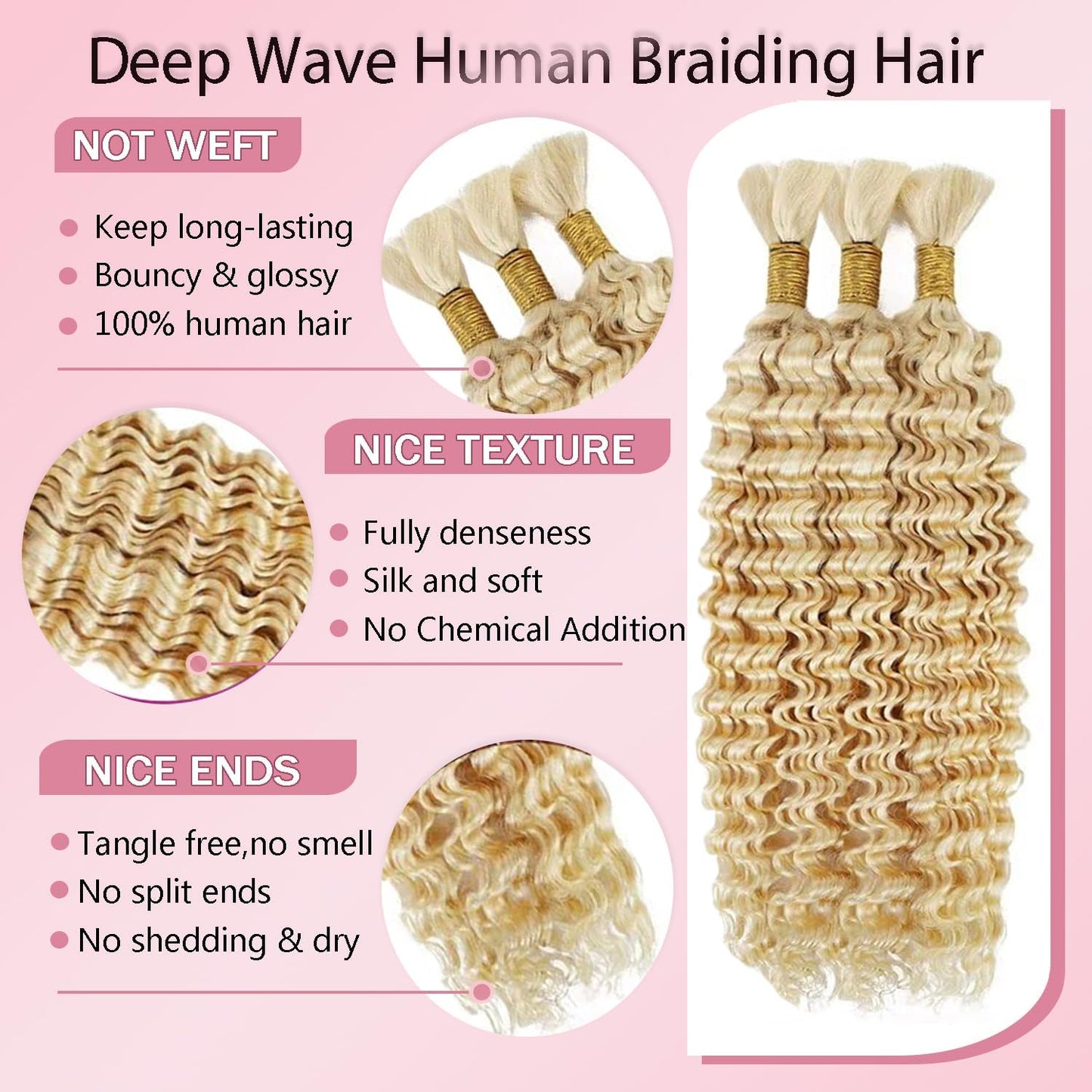 #613 Blonde Braiding Hair 150g 3 Bundles 24 24 24 Inch Blonde Deep Wave Boho Hair for Braiding #613 Curly Human Hair Extensions for Braids Wet and Wavy Braid