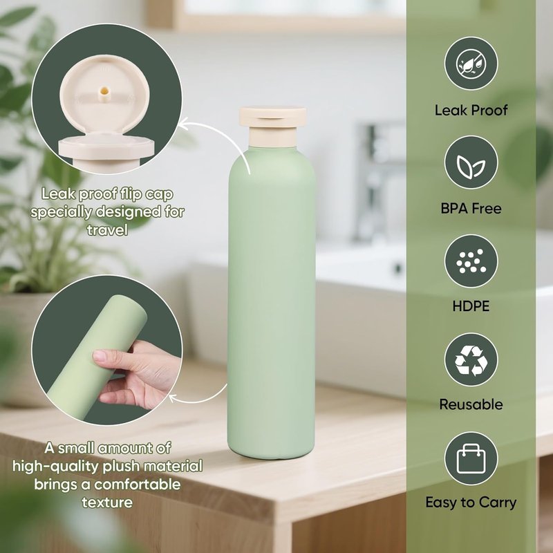 Demora Travel Bottles - Leak Proof 8.8oz Refillable Toiletry Containers | Green, 4 Pack with Flip Caps & Labels