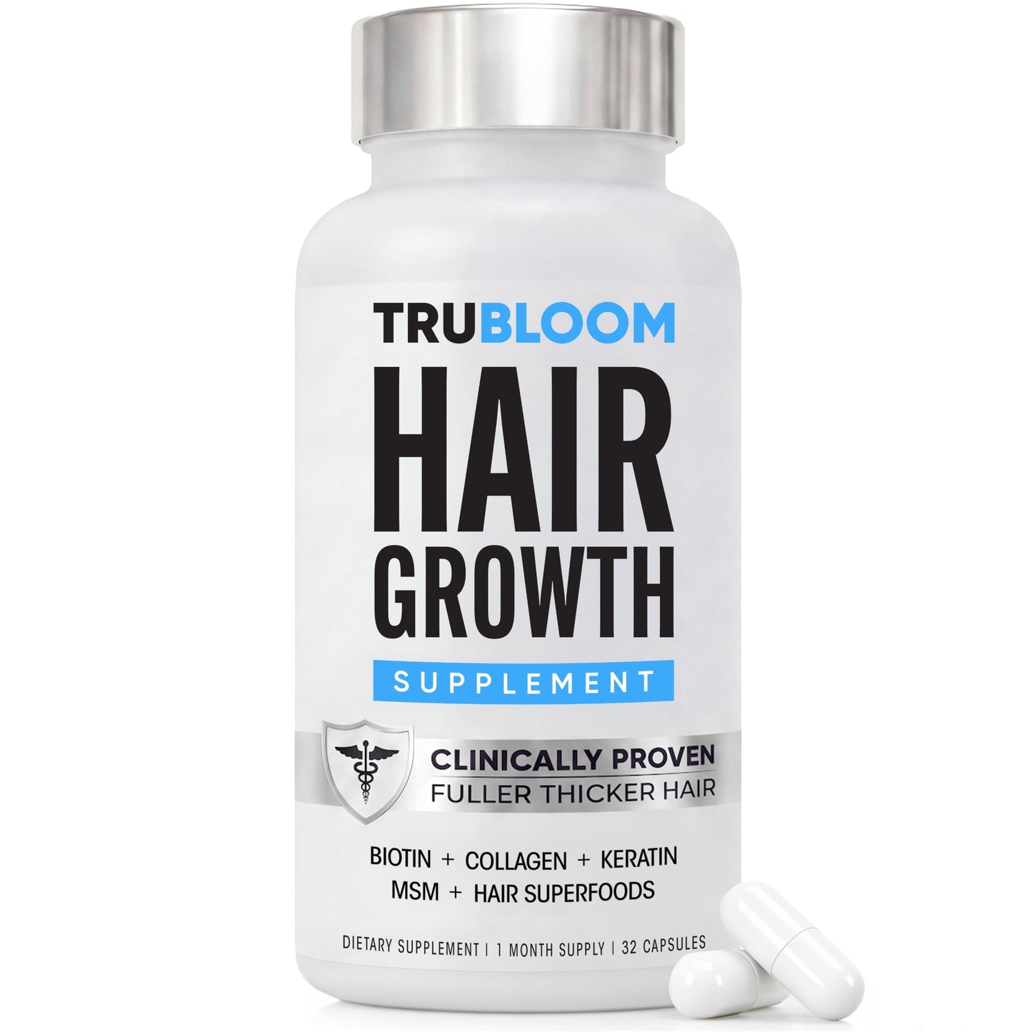 TRU BLOOM Hair Vitamins for Women and Men | Clinically Proven Hair Growth Supplements for Thinning Hair, Hair Loss, Thicker Fuller Hair | Biotin Collagen Keratin, Hair Growth Vitamins with DHT Blocker