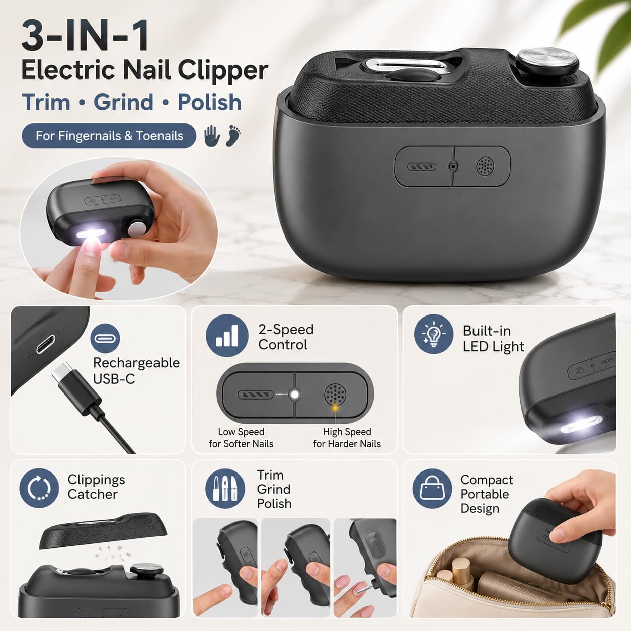 Electric Nail Clippers for Seniors, 3 in 1 Automatic Electric Toenail Clippers for Thick Toenails with Polishing, LED Light, 2 Speed, Rechargeable Cordless Nail Grinder for Adults, Men, Women