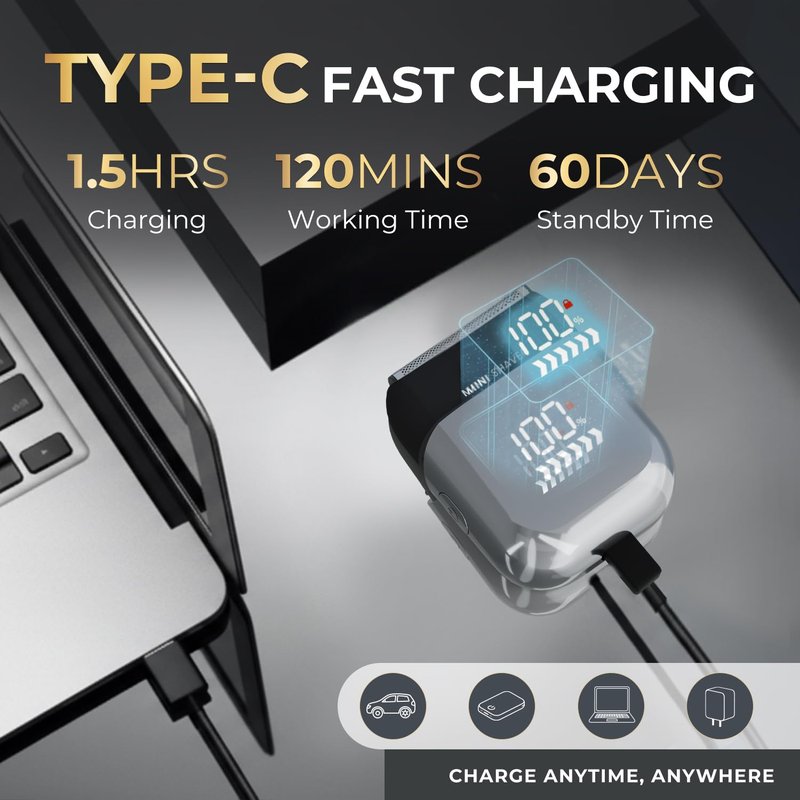 Electric Foil Shaver for Men - Mini Electric Razor for Face Shaving with 3 Floating Blades, USB-C Fast Charging Rechargeable Travel Razor, IPX7 Waterproof Wet Dry, LED Display, Travel Lock